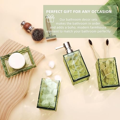 Miniatura 4 de Juego de accesorios de baño verdes con soporte para cepillos de dientes, dispensador de jabón, vaso, jabonera, decoración de baño verde salvia,