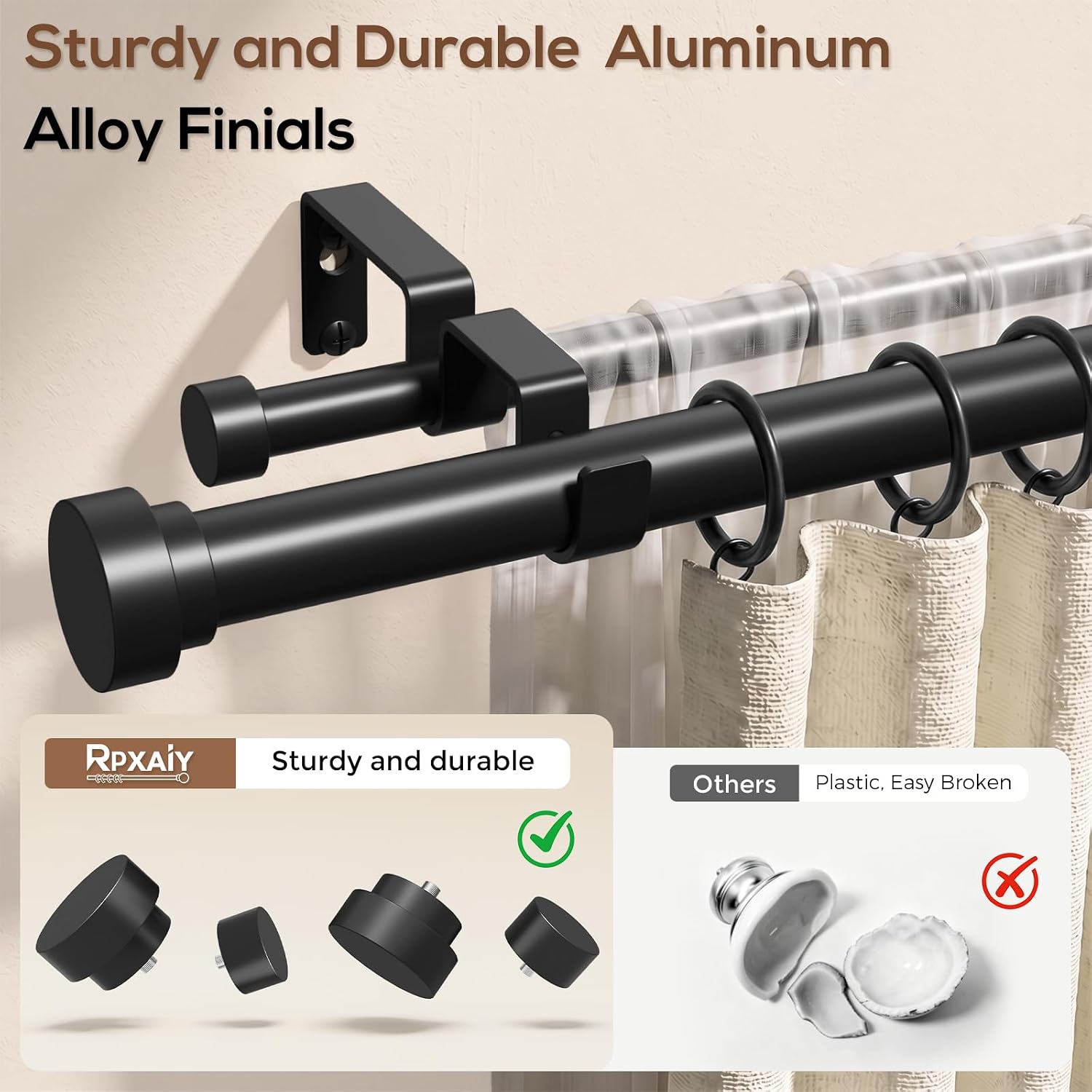 Double Curtain Rod 36-76 Inch, 1 Inch Heavy Duty Black Dual Rods