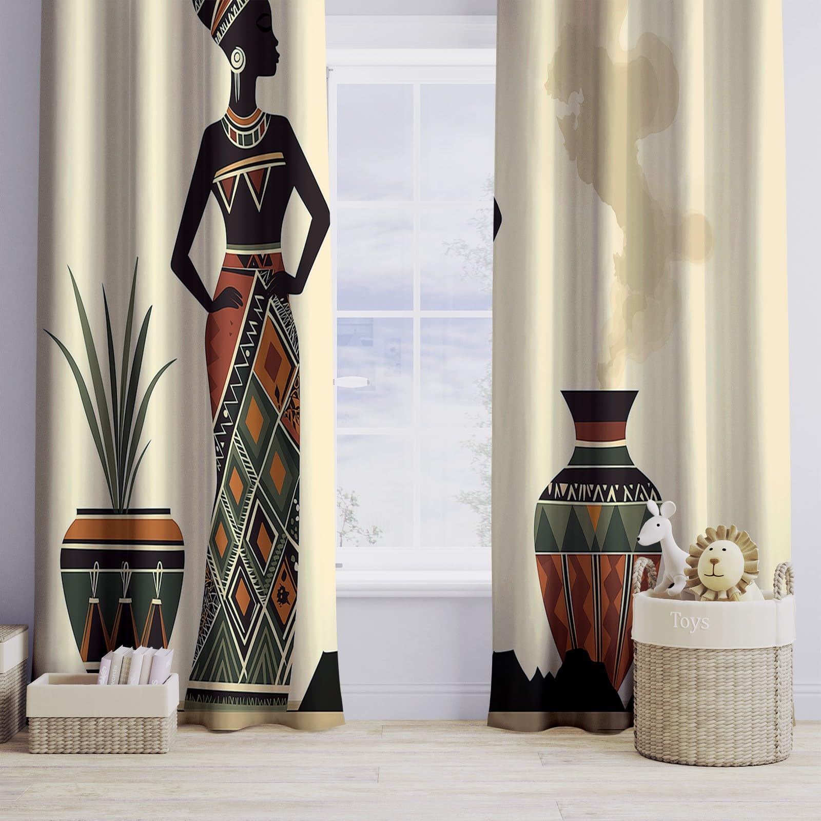 CozyRest Wohnzimmer Vorhänge Afrikanische Frau mit Vase Geometrie Ösen Gardinen mit Blickdichte Thermo Vorhang Kälteschutz Blackout Curtain Kinderzimmer Schlafzimmer Ösenvorhang H214 x B91.5 cm