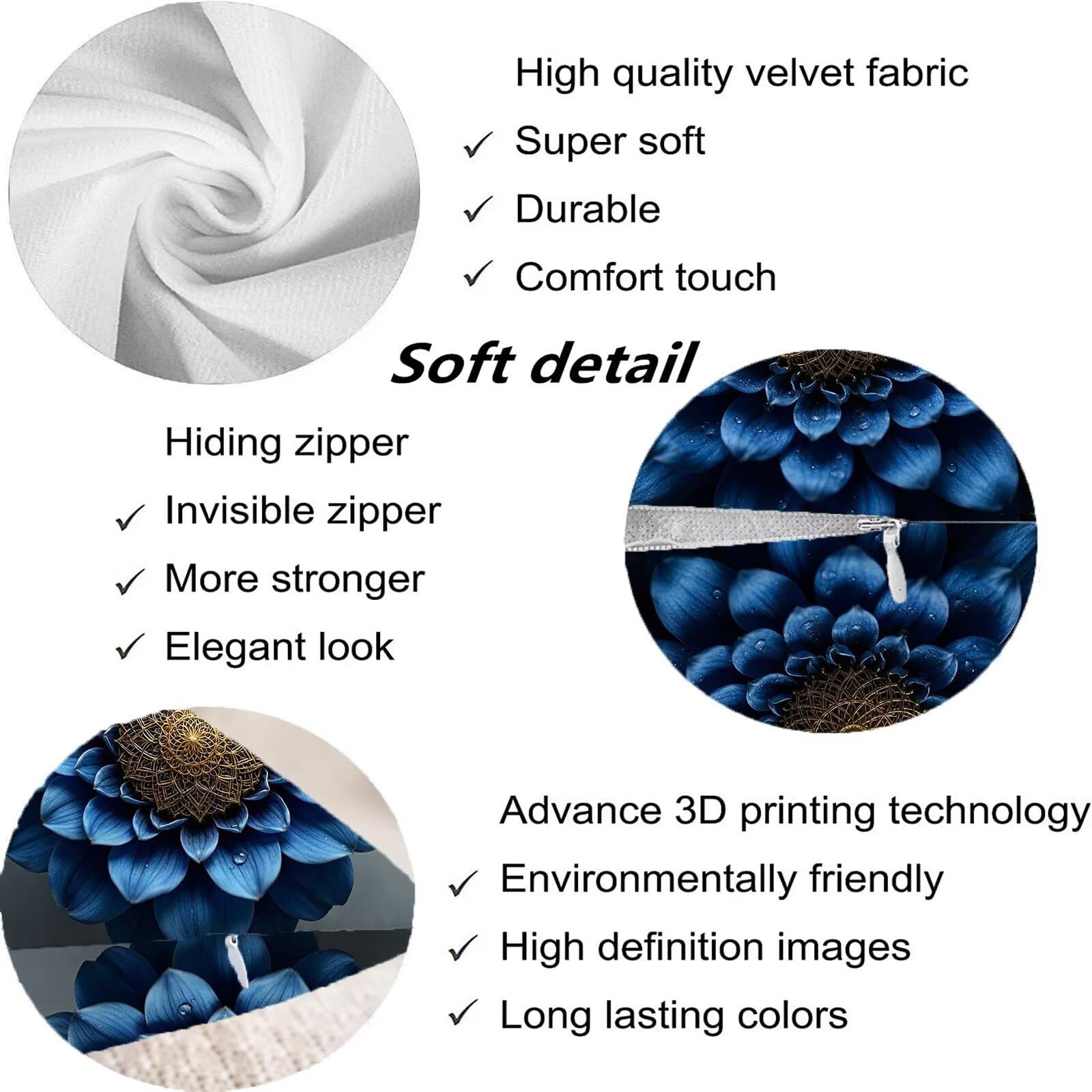 Blu Federe Cuscini Divano 65x65cm, Cuscini da Esterno Set de 4, Cod-89 | Velour Copricuscini Decorativi Letto Arredo, per Letto, Soggiorno, Giardino, Esterno, Casa Decorazione Set di 4 Pianta