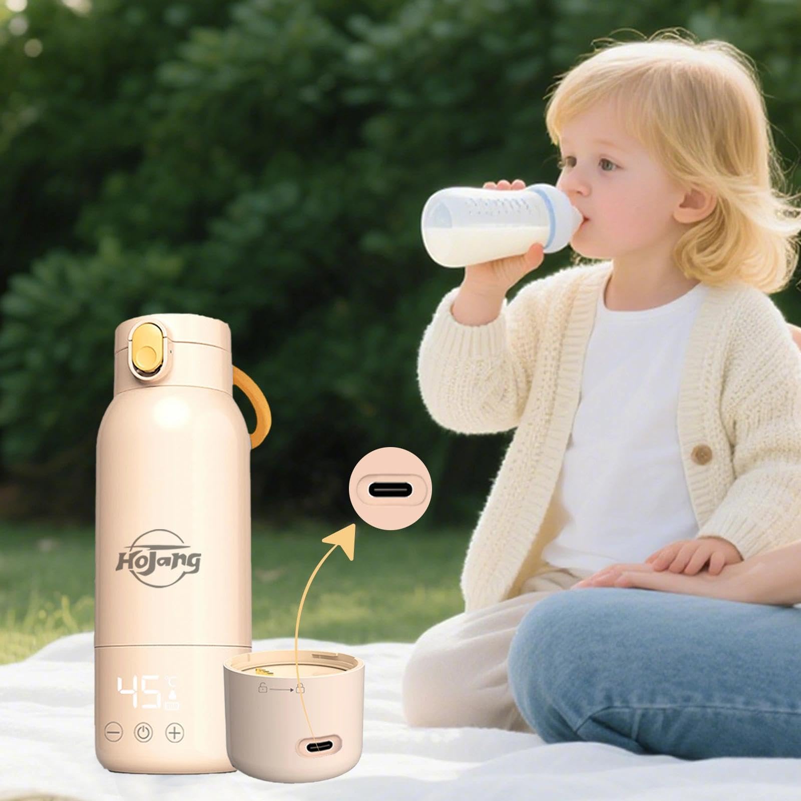 Calentador de Leche Portátil Auto-caliente de 520ml, Calentador de Biberones Ajustable 37–65°C con Calentamiento rápido, 10800mAh para Larga Autonomía, Carga rápida 48W