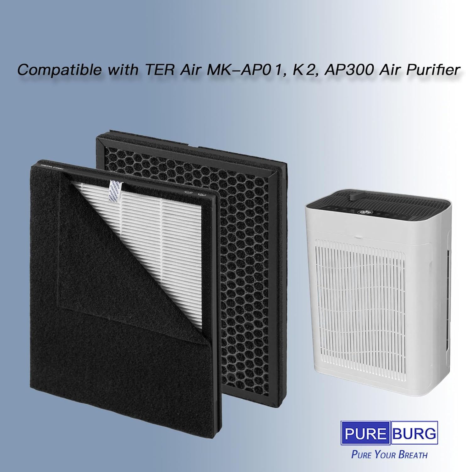 PUREBURG Replacement Filter Compatible with TER Air MK-AP01, K2, AP300 Air Purifier, 4 x H13 True HEPA & 8 Activated Carbon Pre-Filters For Air Clean Dust VOCs Odor