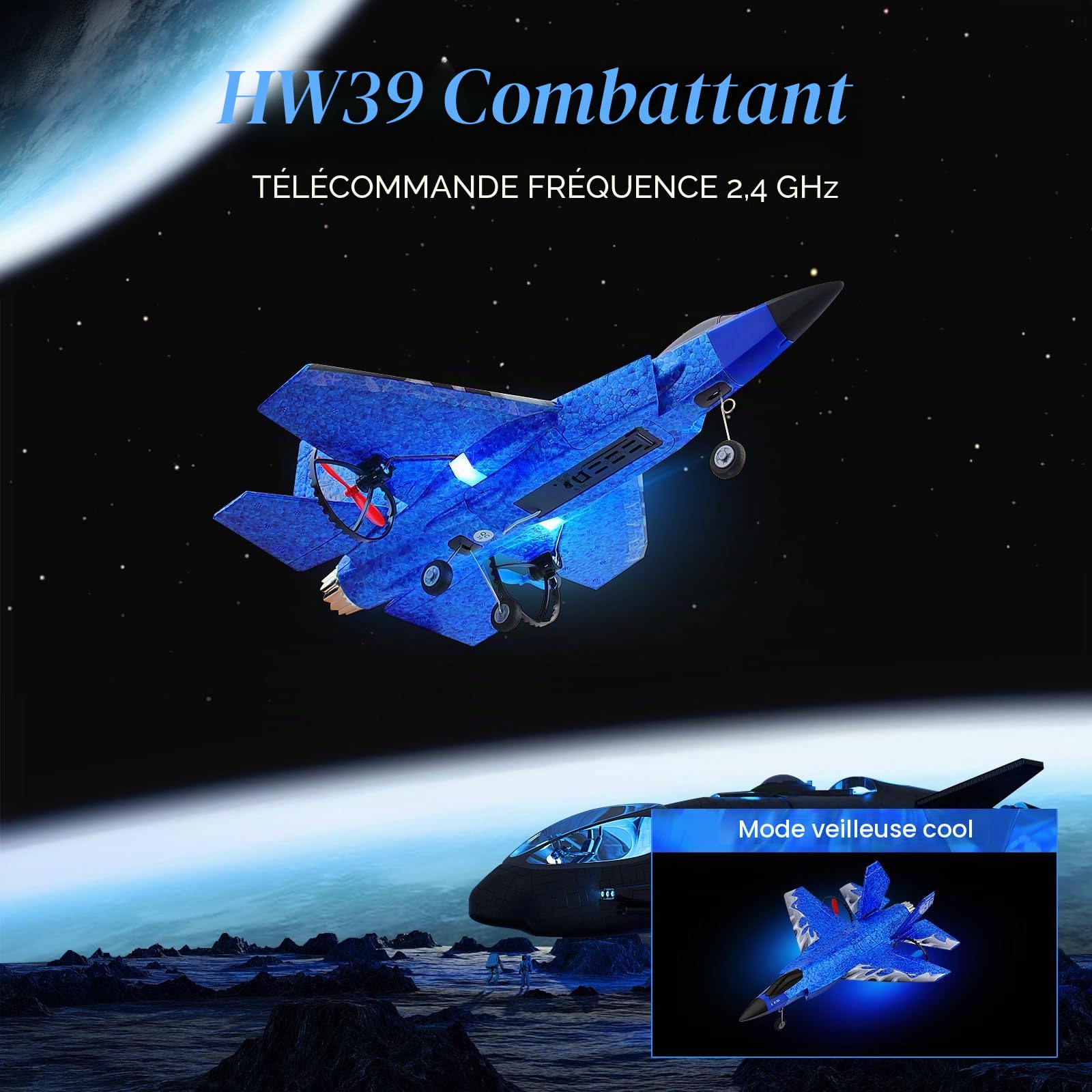 Henakmsl Avion radiocommandé F35 2CH HW39 Fighter 2,4 GHz RTF pour débutants, enfants et adultes avec veilleuse, chargement USB (bleu)