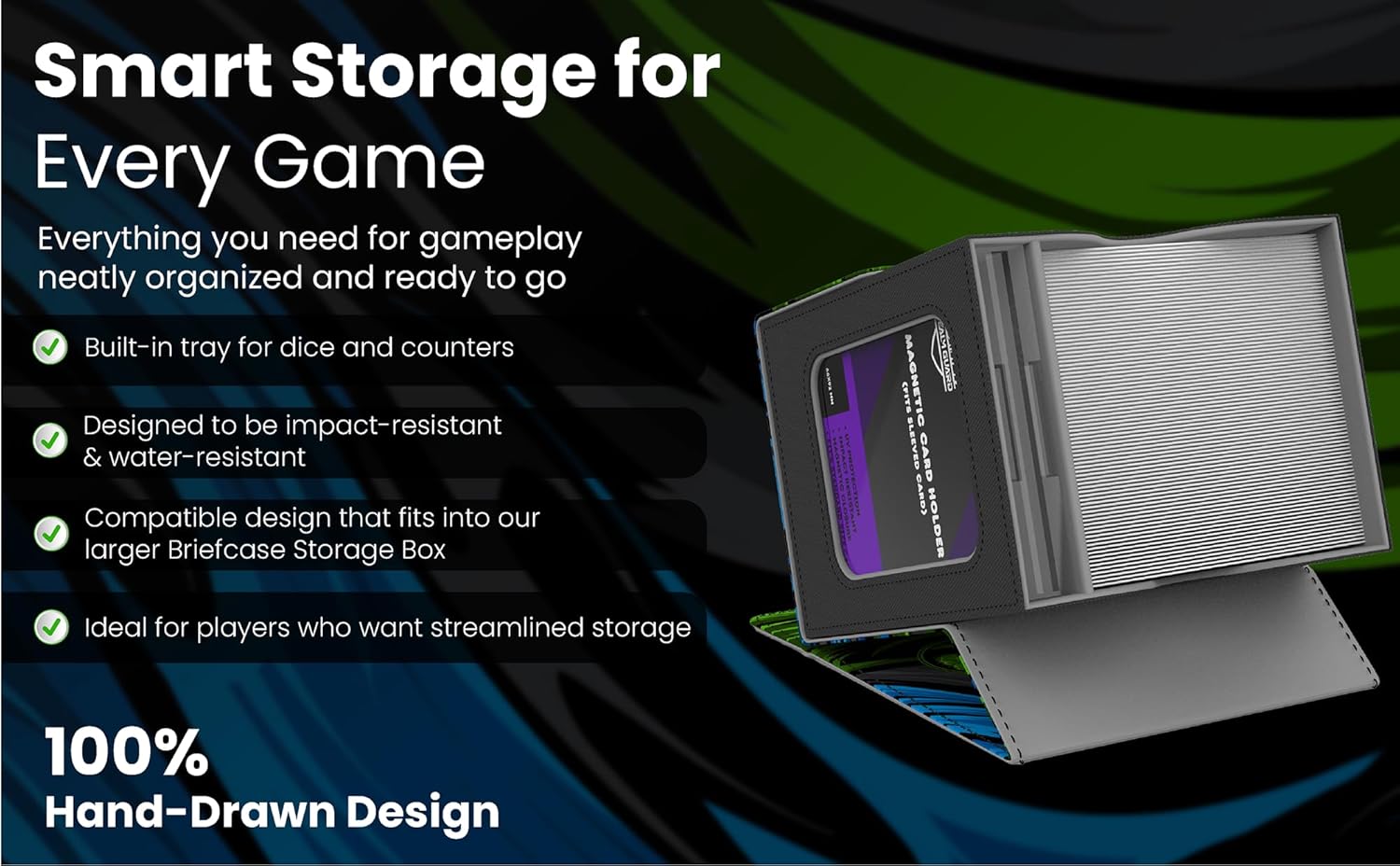 Realm Guard TCG/MTG Commander 100+ Card Art Deck Box With Storage (Black/Blue/Green)