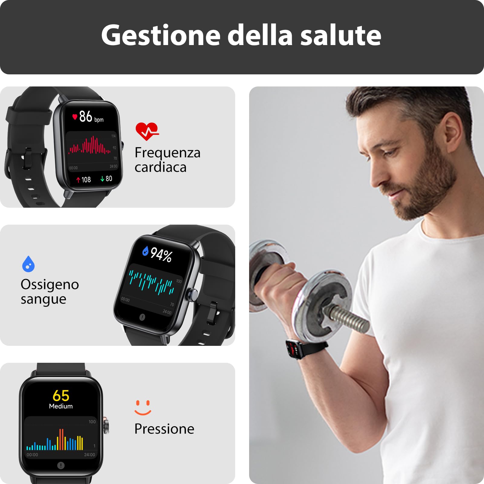 Smartwatch Uomo Donna Rispondi/Effettua Chiamate, 1.8" Orologio Alexa Integrata, SpO2/Frequenza Cardiaca/Sonno/Stress, 100+ Sports, Contacalorie/Passi, IP68 Smart Watch per Android/iOS (Nero, 1.8)