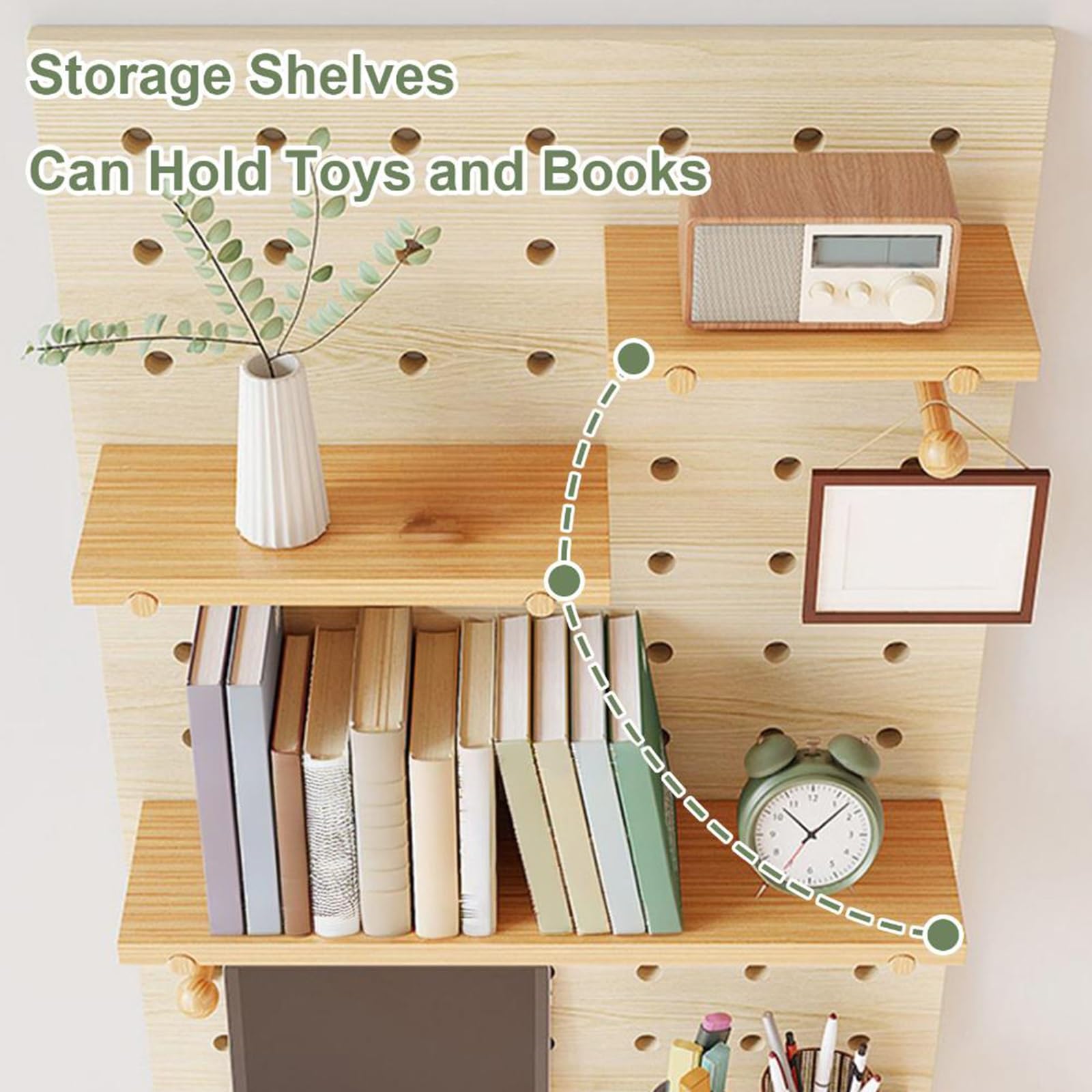 An Der Wand Montierte Lochwand aus Holz, Stecktafel-Kombinationsset, Multifunktionaler Aufbewahrungshalter für Bastelraum, Schlafzimmer, Wohnzimmer(White)