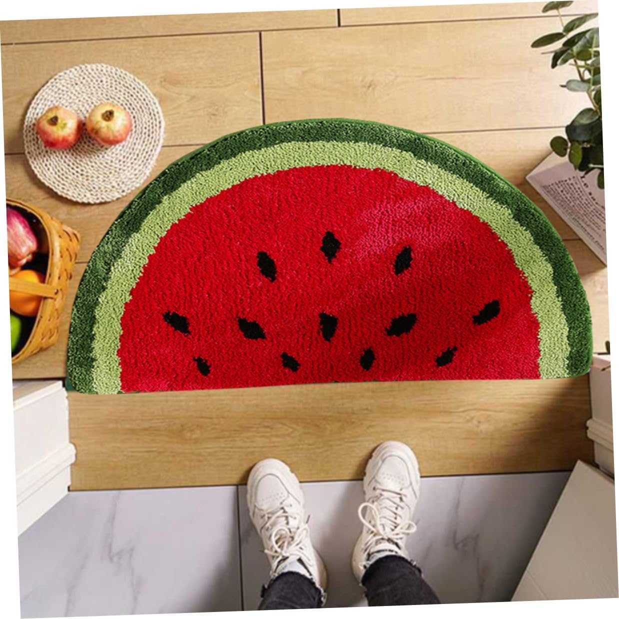 Semicircle Indoor Door Mat Soft Thick Entryway Rug for Bedroom Non-Skid Half Carpet with Watermelon Pattern Decorative Kitchen Floor Mat