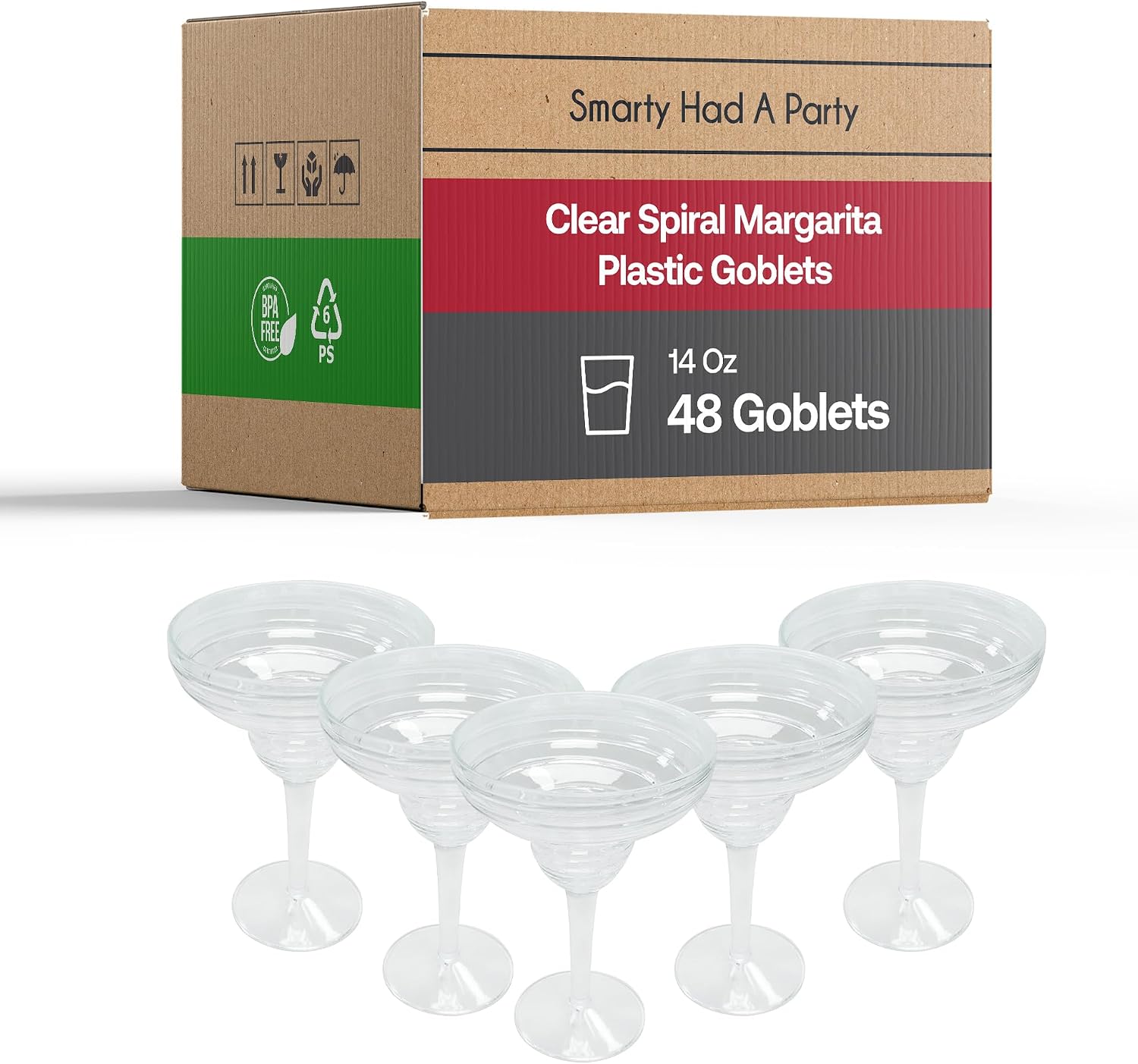 Smarty Had A Party Disposable Margarita Glasses Plastic 48 Pack — Clear Spiral Goblets 14 oz, Plastic Margarita Glasses Disposable for Cinco de Mayo, Fiesta Party, Weddings and Events