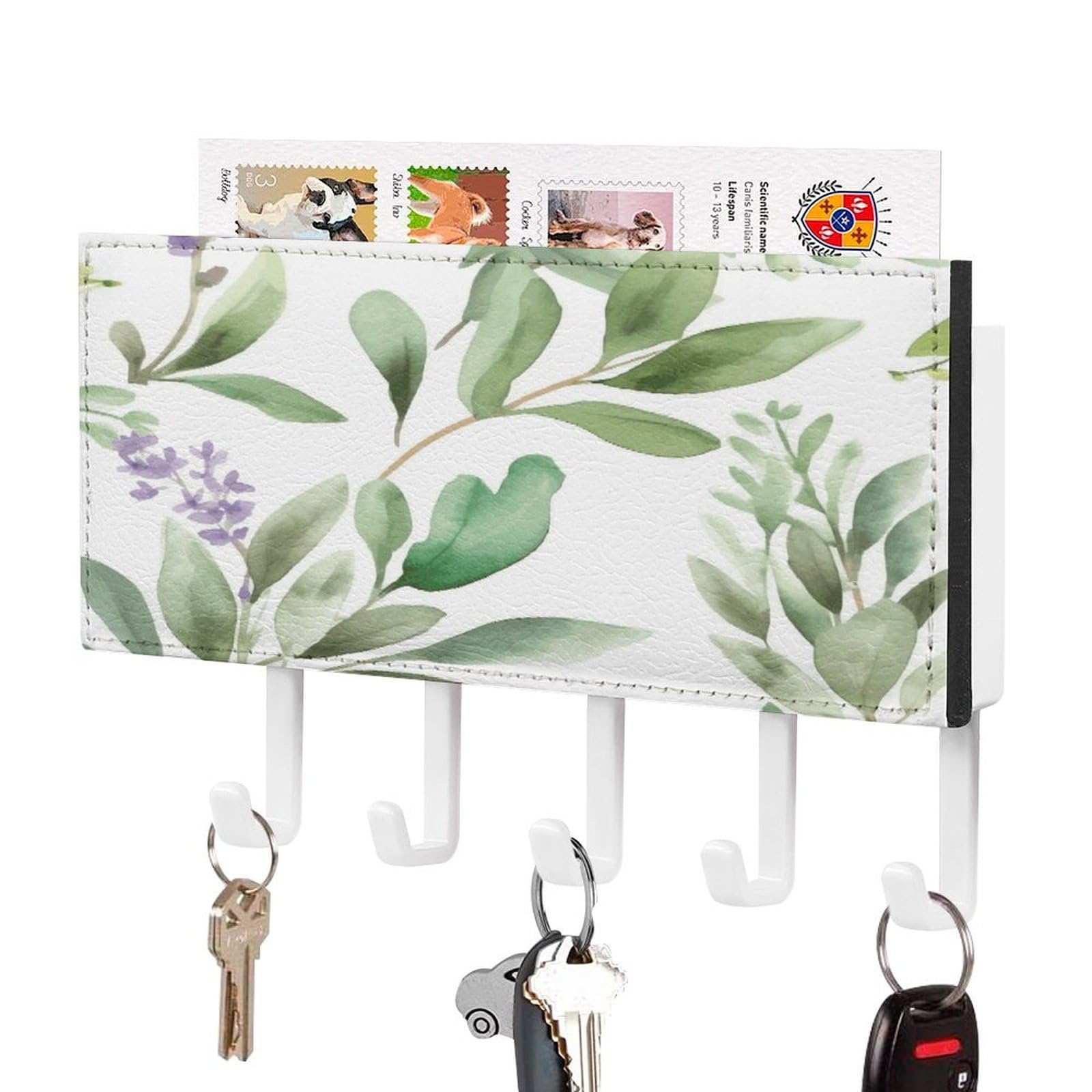 Green Flower Watercolor Herb Sage Leaves And Branches1 Key Holder for Wall Decorative Mail Organizer with 5 Key Hook Self Adhesive Key Rack with Tray Coat Rack Wall Mount Key Hanger Decor for Entryway