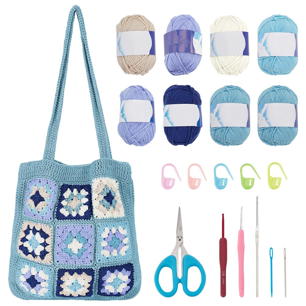 ORIGACH Kit per uncinetto per principianti adulti, kit per borsa a tracolla con margherite quadrate, set all'uncinetto con tutorial video passo dopo passo, istruzioni, filo, gancio, accessori, verde