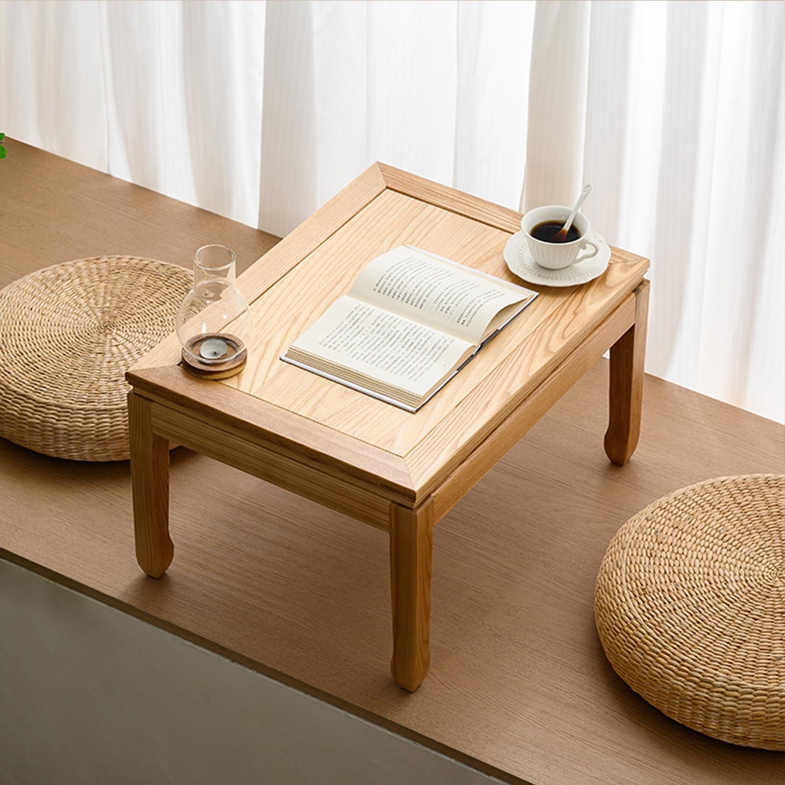 Table de thé tatami japonaise en bois massif pour salon zen et méditation