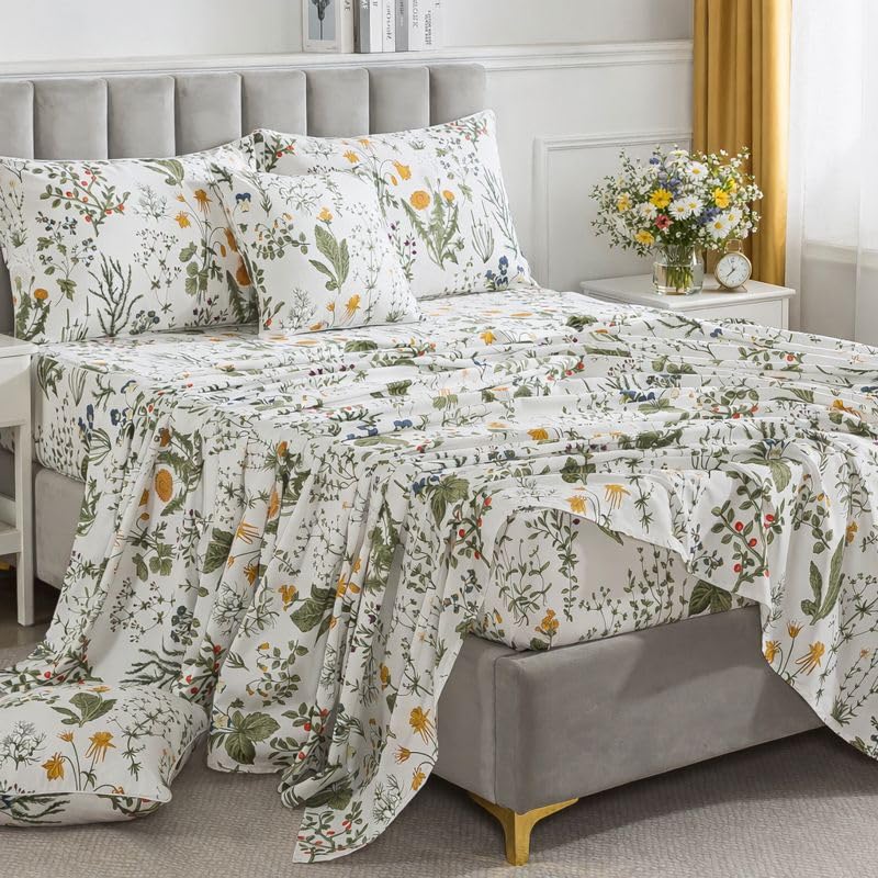 FADFAY 100% Percale Cotton Sheets Full Botanical Printed Floral Sheets Yellow Flowers & Leaves Pattern Farmhouse Bedding Soft and Breathable French Country Bedding 4Pcs Deep Pocket Full Sheet Set