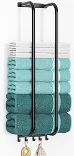 Towel Rack Bathroom Wall Holder: 27.9 Inch Wall Mounted Shower Organizer, for Rolled Towel Storage, 2 Metal Racks Plus Extra 5 Hooks, for Modern Small Space Bathroom RV Campers (Matte Black)