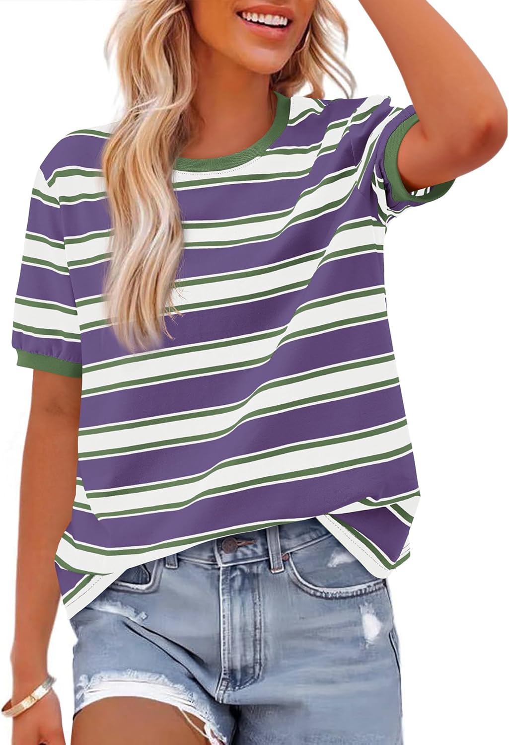 BTFBM Summer Tops for Women 2026 Crewneck Short Sleeve Striped T Shirts Casual Spring Clothes Color Block Basic Tee Blouses