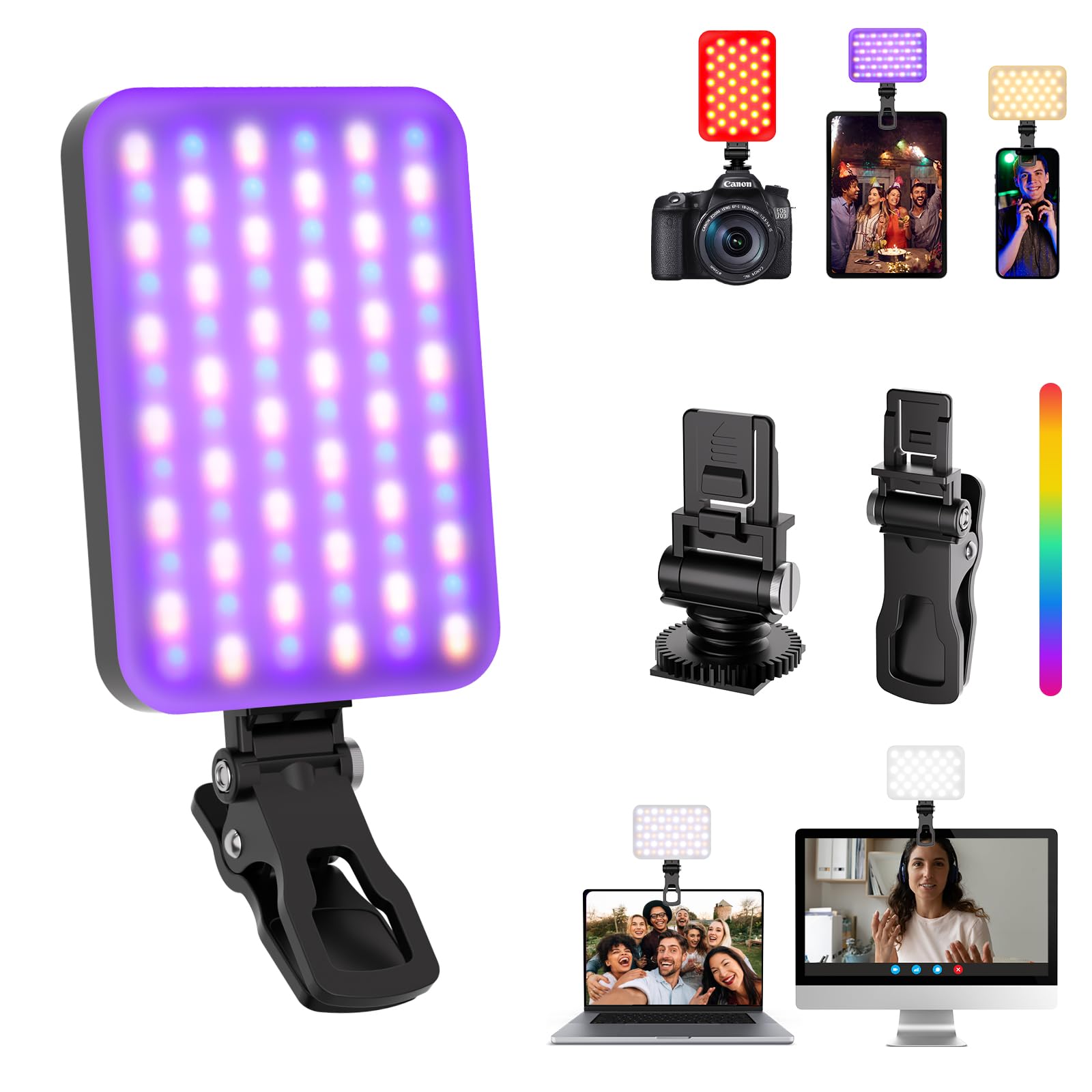 Luce per selfie – BANSINE USB ricaricabile RGB LED Phone Light – Luce fotografica portatile con 97+ CRI, temperatura colore 2500K-6500K per video, trucco, live streaming e fotografia