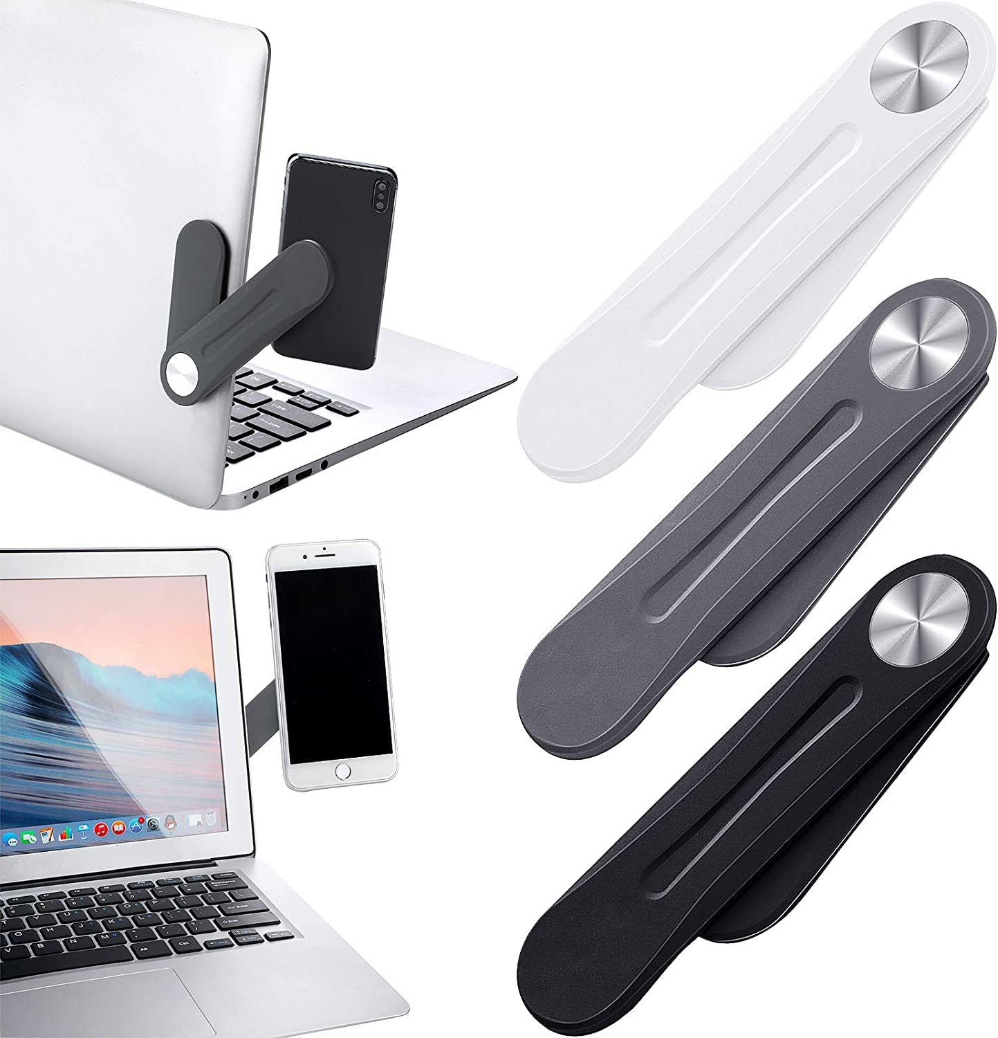 FUNI 3 Pieces Magnetic Laptop Phone Holder Adjustable Side Mount Clip for Laptop Expansion Stand for Smartphone, Office and Home Enjoying Dual Screen at The Same Time (White, Black, Dark Grey)