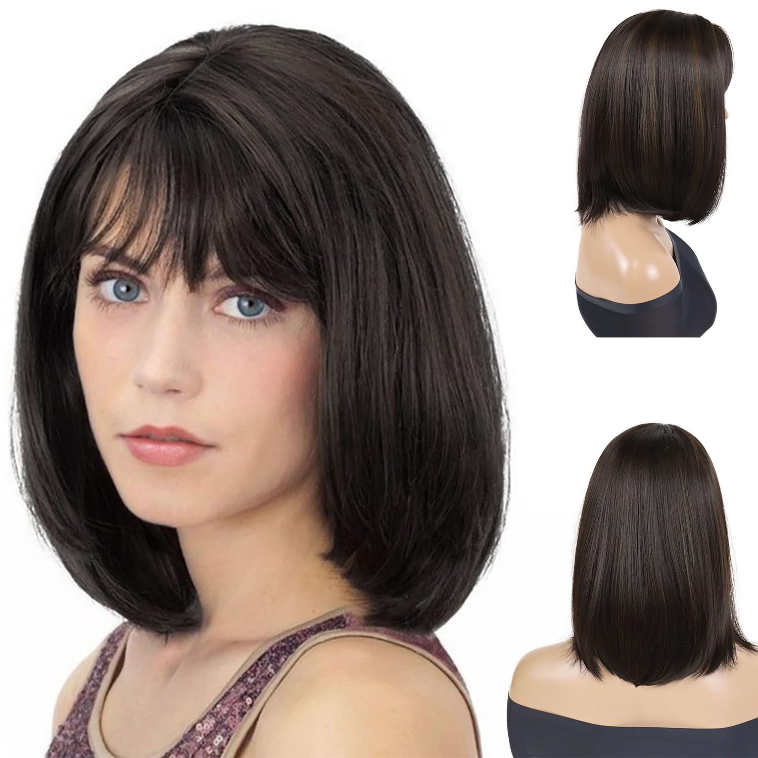 GNIMEGIL 16 Inch Medium Shoulder Length Dark Brown Wig with Bangs Natural Short Straight Hair Bobs Full Wigs For Women Drag Queen Wig Heat Resistant
