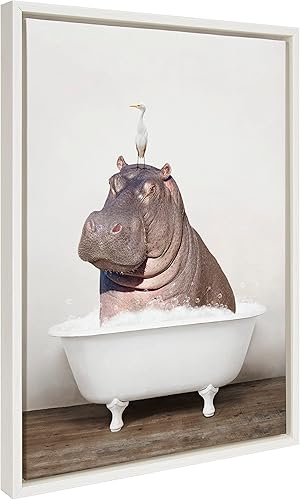 Kate and Laurel Sylvie Hipopótamo y pájaro en baño rústico enmarcado, arte de pared por Amy Peterson Art Studio, 18 x 24 pulgadas, blanco, arte