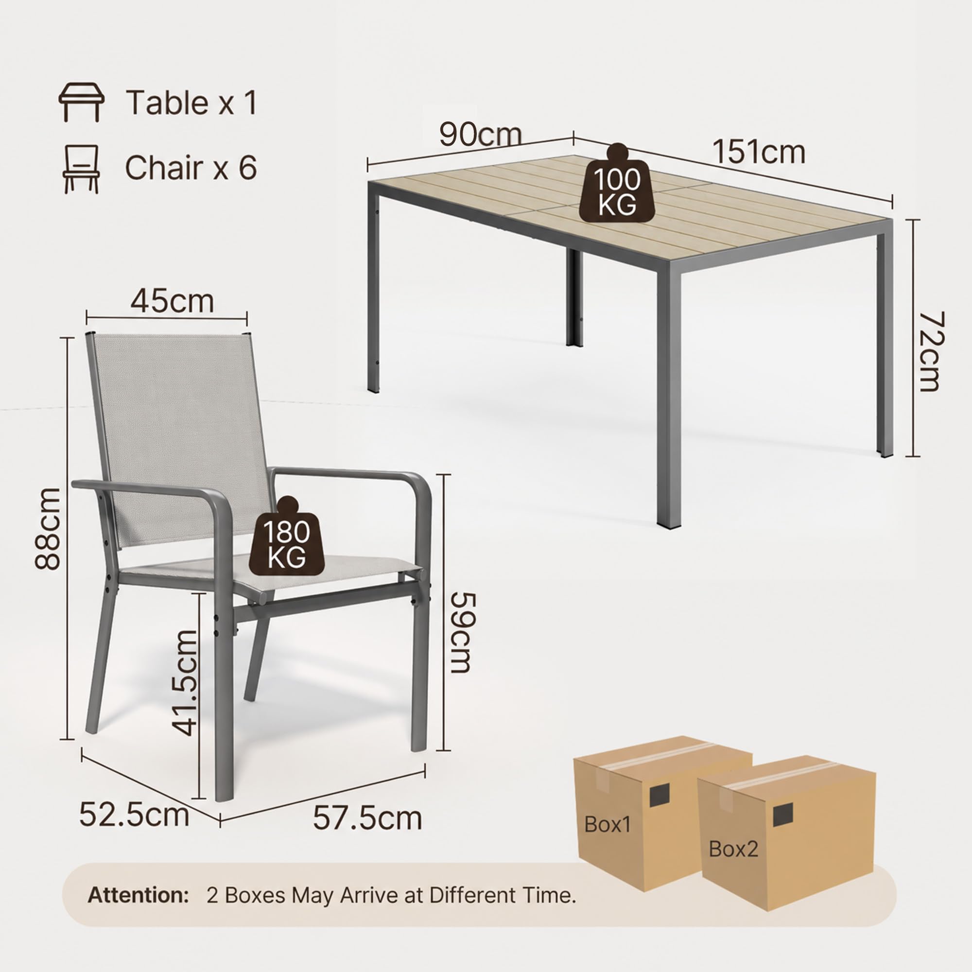 Xbro Gartenmöbel Set 6 Personen, 7-teiliges Gartenmöbel Set 6 Stühle mit Tisch, Gartentisch mit Stühlen Set, Terrassenmöbel Wetterfest, Stapelbare Textilene Gartenstühle für Garten, Balkon