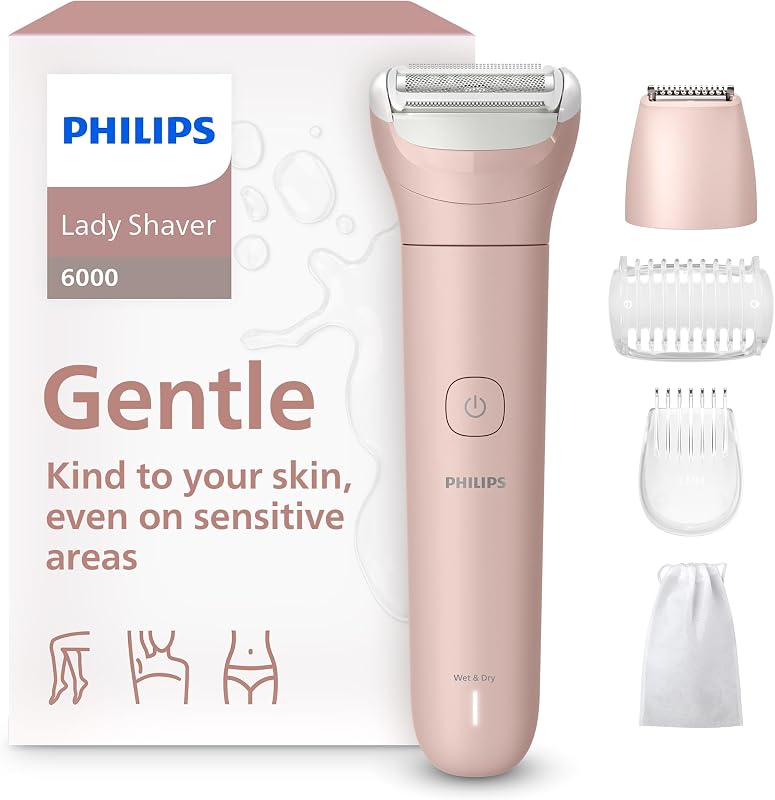 PHILIPS Lady Shaver Series 6000 Barbeador Elétrico Feminino Sem Fio, Uso Seco e Molhado, Sistema de 3 Lâminas, Modelo BRL137/00, Pacote com acessórios