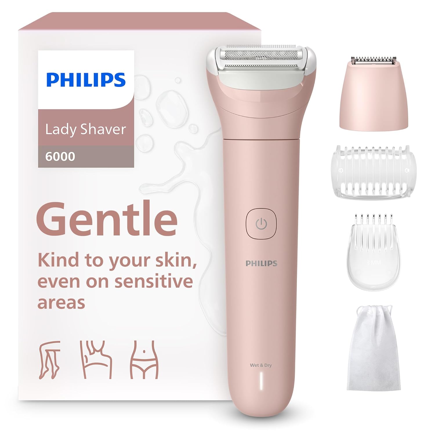 Philips Lady Shaver Series 6000 Cordless Wet & Dry Women's Electric Shaver, 3-Blade System for Legs, Body & Bikini, 80 Min Battery BRL137/00