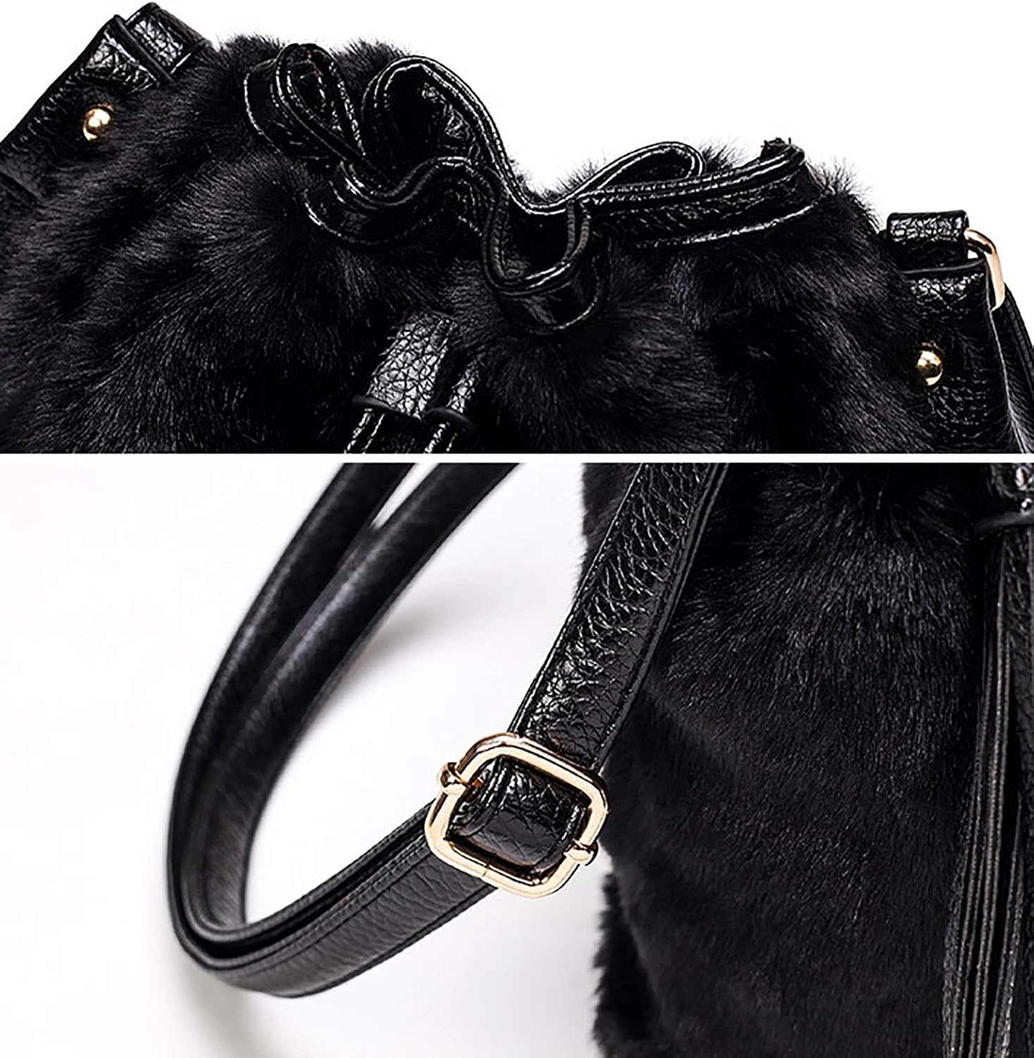 QZUnique Plush Bucket Handbag Faux Fur Drawstring Fluffy Crossbody Bag Handle Shoulder Tote Bag