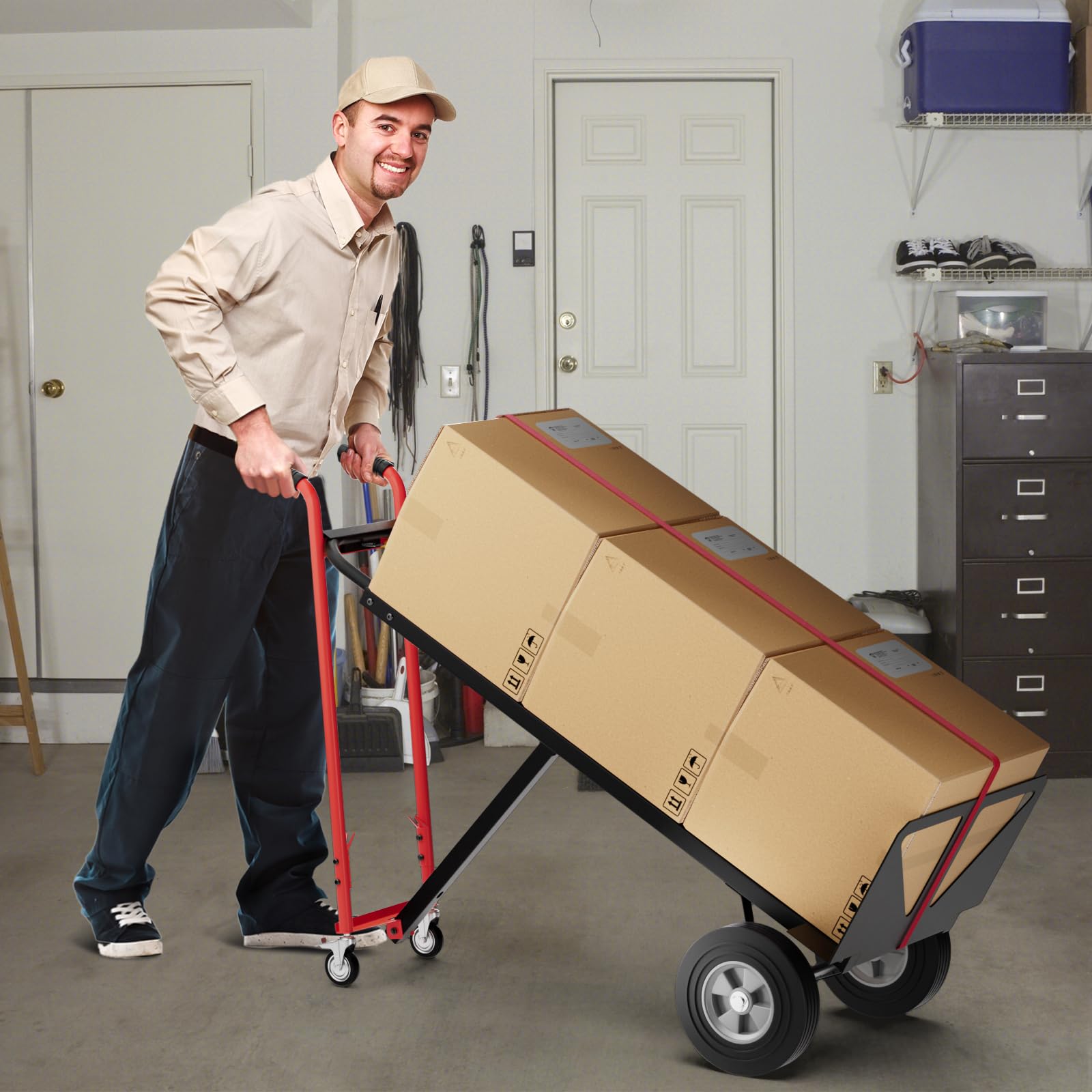 COSTWAY 3 en 1 Carretilla de Mano Plegable, Carretilla de Transporte Convertible con 4 Ruedas de Goma, Cuerda de sujeción, Carretilla de Carga Industrial con Plataforma Plegable, Carga 450 kg (Rojo)