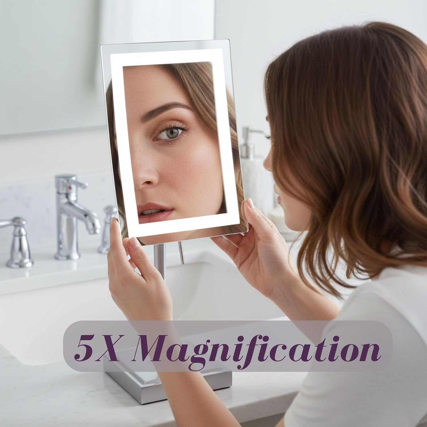 JERDON Lighted Tabletop Magnifying Mirror - LED Makeup Mirror with 5X Magnification in Nickel Finish - Model JRT910NL