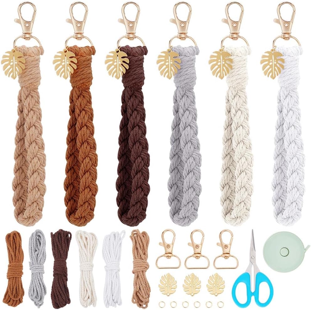FREEBLOSS 6 Set Macrame Keychain Lanyard Kit DIY Macrame Palm Leaf Keychain Kit with Instruction Macrame Wristlet Macrame Hanging Decor DIY Macrame Kit for Beginners