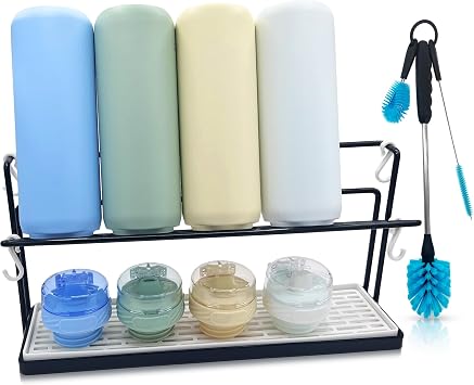 Water Bottle Drying Rack for Kitchen Counter Cup Drying Rack, Tumbler, Mug & Glass Drying Rack Drying Rack, 2 Tier with Drain Tray and Cleaning Brush Set Black