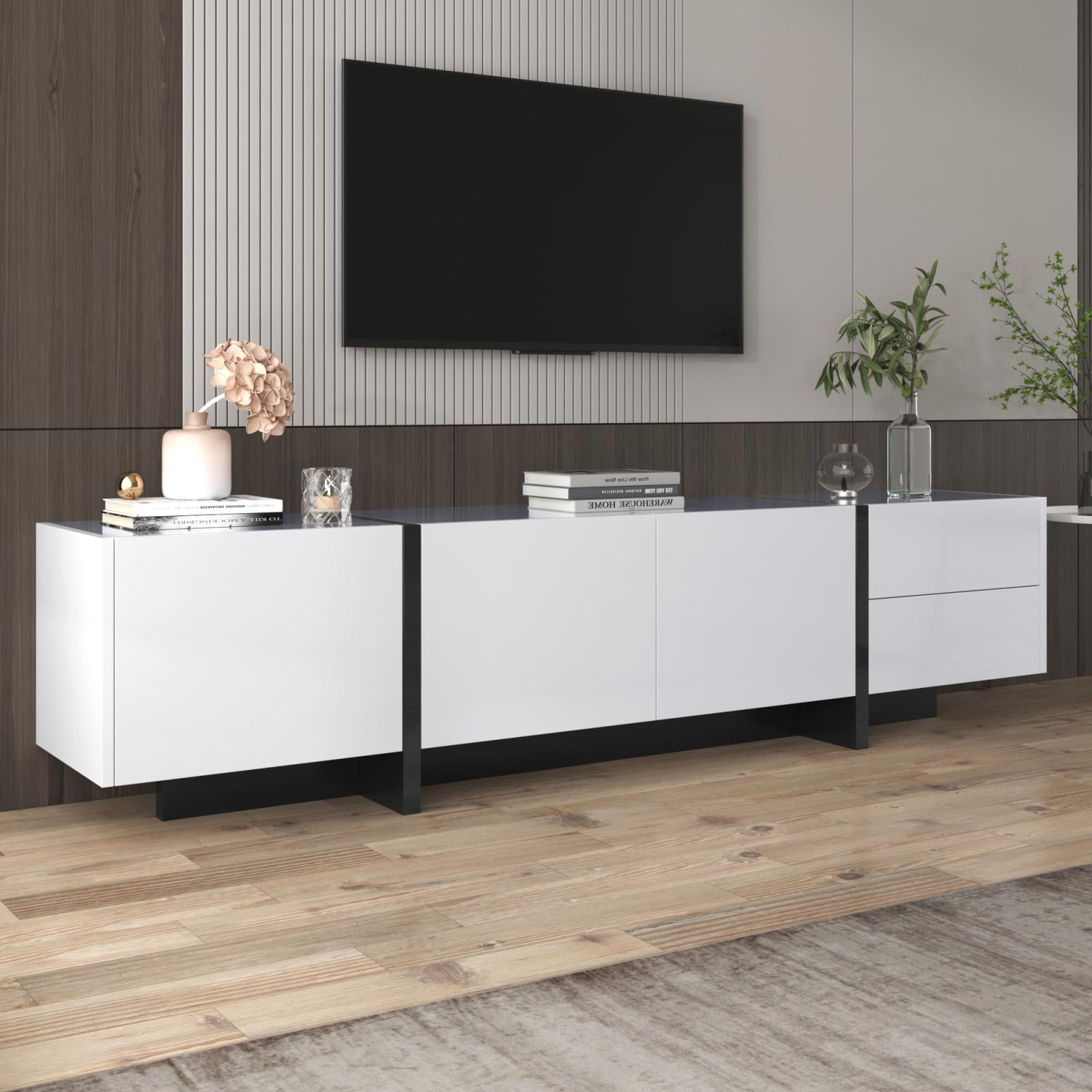 OLIVIBED 190cm High Gloss TV Stand Cabinet, Modern TV Unit with 3 Doors and 2 Drawers, Entertainment Unit Up to 85 in TV, TV Cabinet for Living Room and Bedroom, White