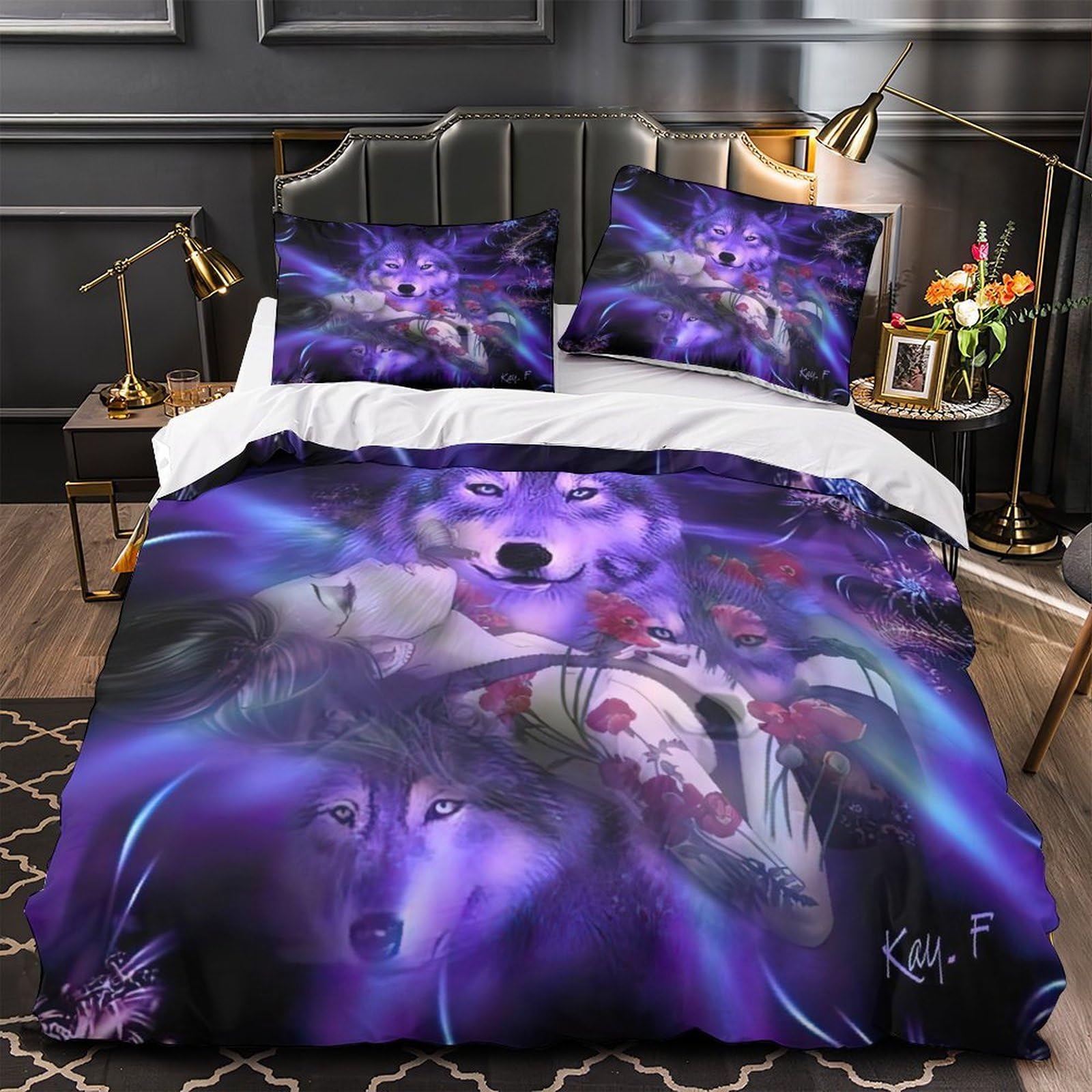Housse de couette loup violet parure de lit 3D microfibre hypoallergique 135x200