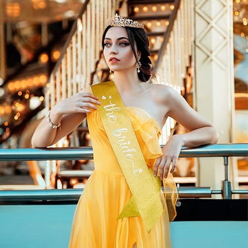 Miniatura 2 de CIEHER Kit de banda de novia + corona de cristal, decoraciones de despedida de soltera con diamantes de imitación AB dorados para despedida de