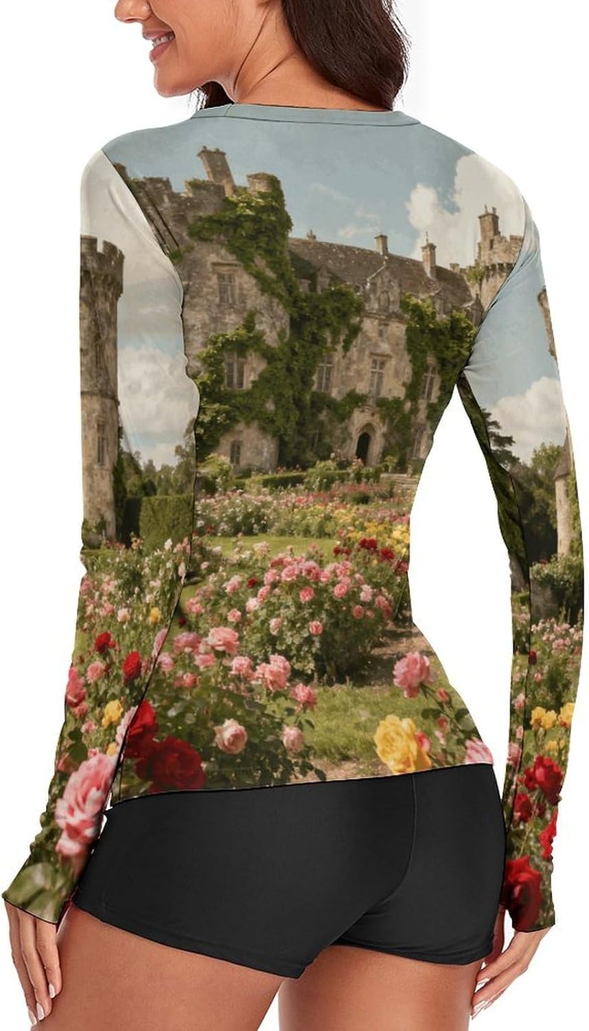 Castle with Flowers Womens UPF 50+ Sun Protection Shirts Long Sleeve Rash Guard Quick-Dry Athletic Tops M