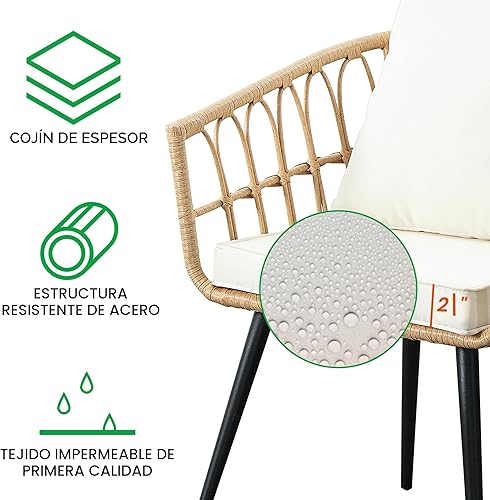 Miniatura 3 de Juego de 3 piezas de muebles de mimbre para patio, balcón, mesa y sillas de ratán para porche, patio trasero, césped, cubierta junto a la piscina