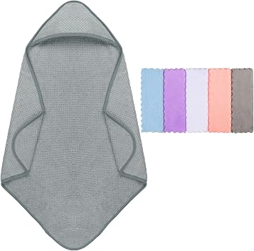 Orighty Baby Hooded Towel with Five Washcloths, 28 x 28 Inch Super Soft Bath Towel with Hood for Babies, Infant, Newborn Essential - Ideal Baby Stuff Registry for Boys and Girls Grey
