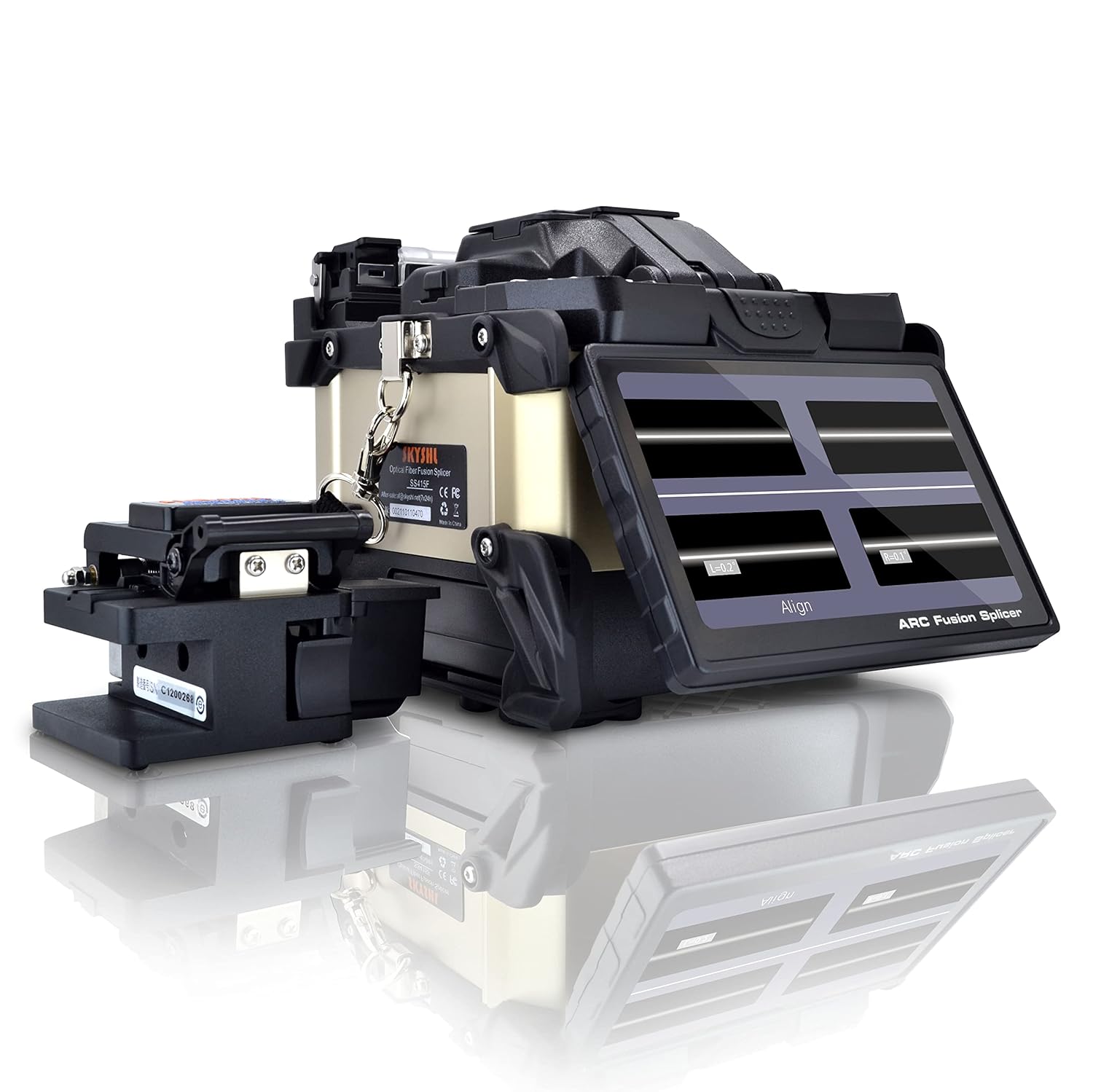 SKYSHL SS415F Fusion Splicer screen displaying the fiber alignment process.