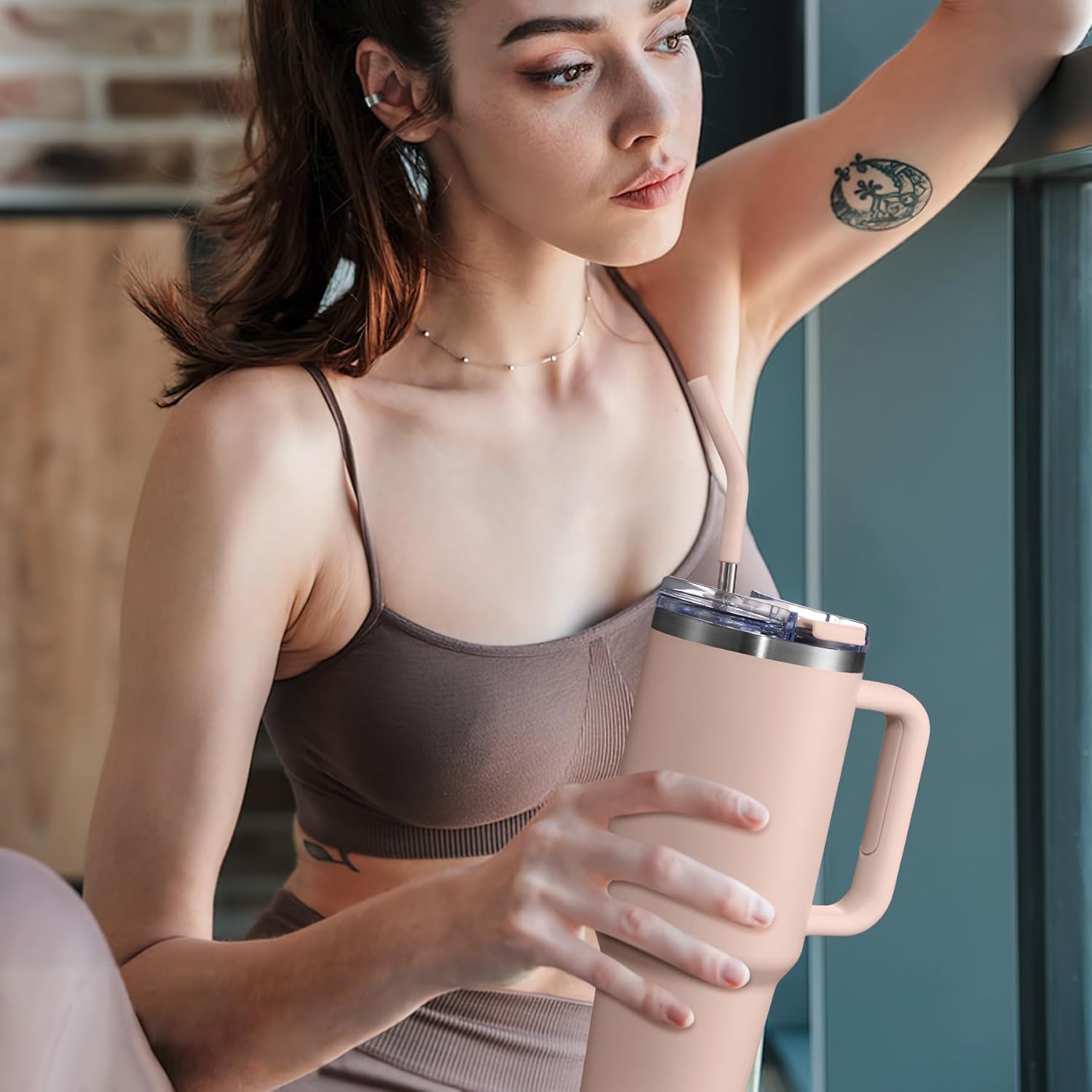 40 oz Tumbler with Handle and Straw Lid,Insulated Reusable Stainless Steel Water Bottle Travel Mug,Cupholder Friendly Double Wall Vacuum Sealed Cup (Rose Quartz) - Image 6