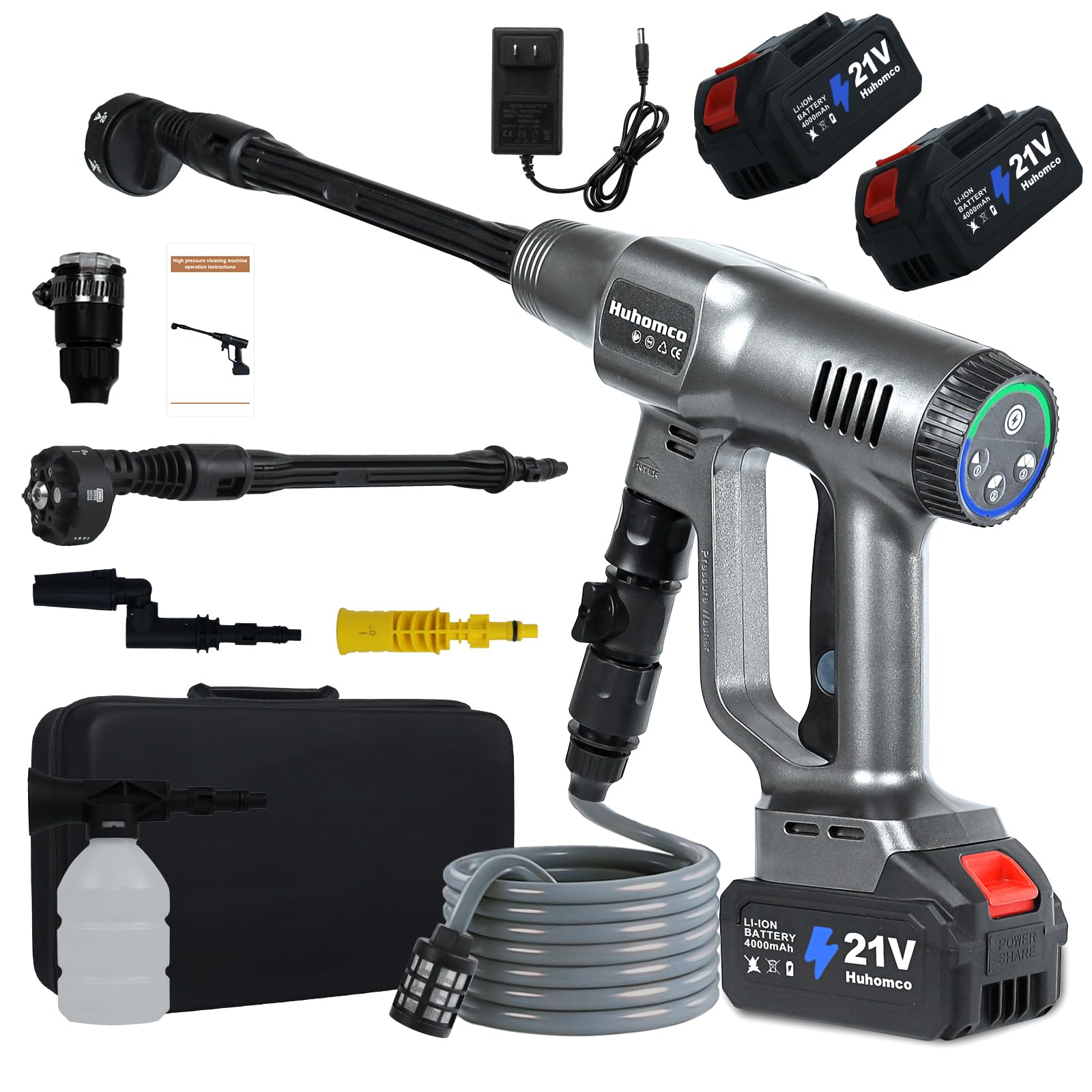 Huhomco 6005 Cordless Pressure Washer and accessories in a carrying case