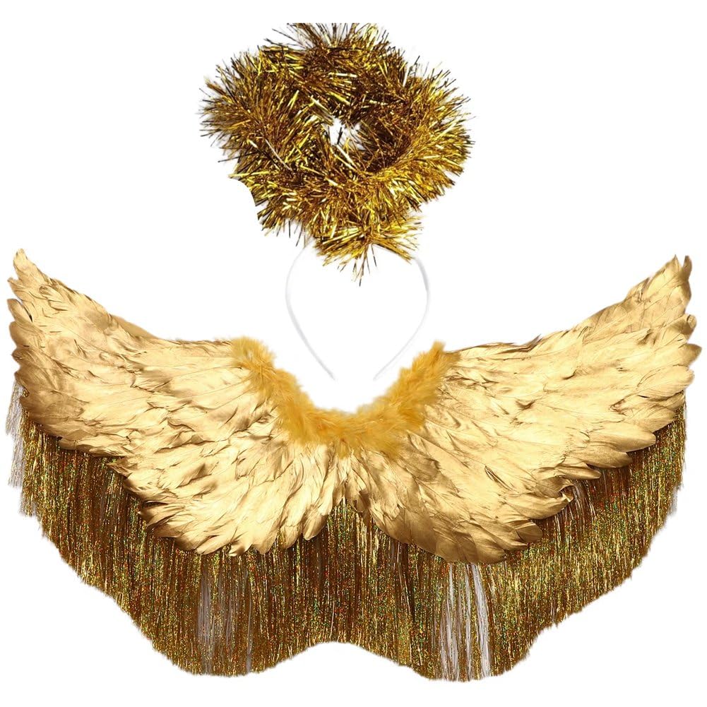 Ailes d'ange en plumes de prestige avec halo et soies métalliques