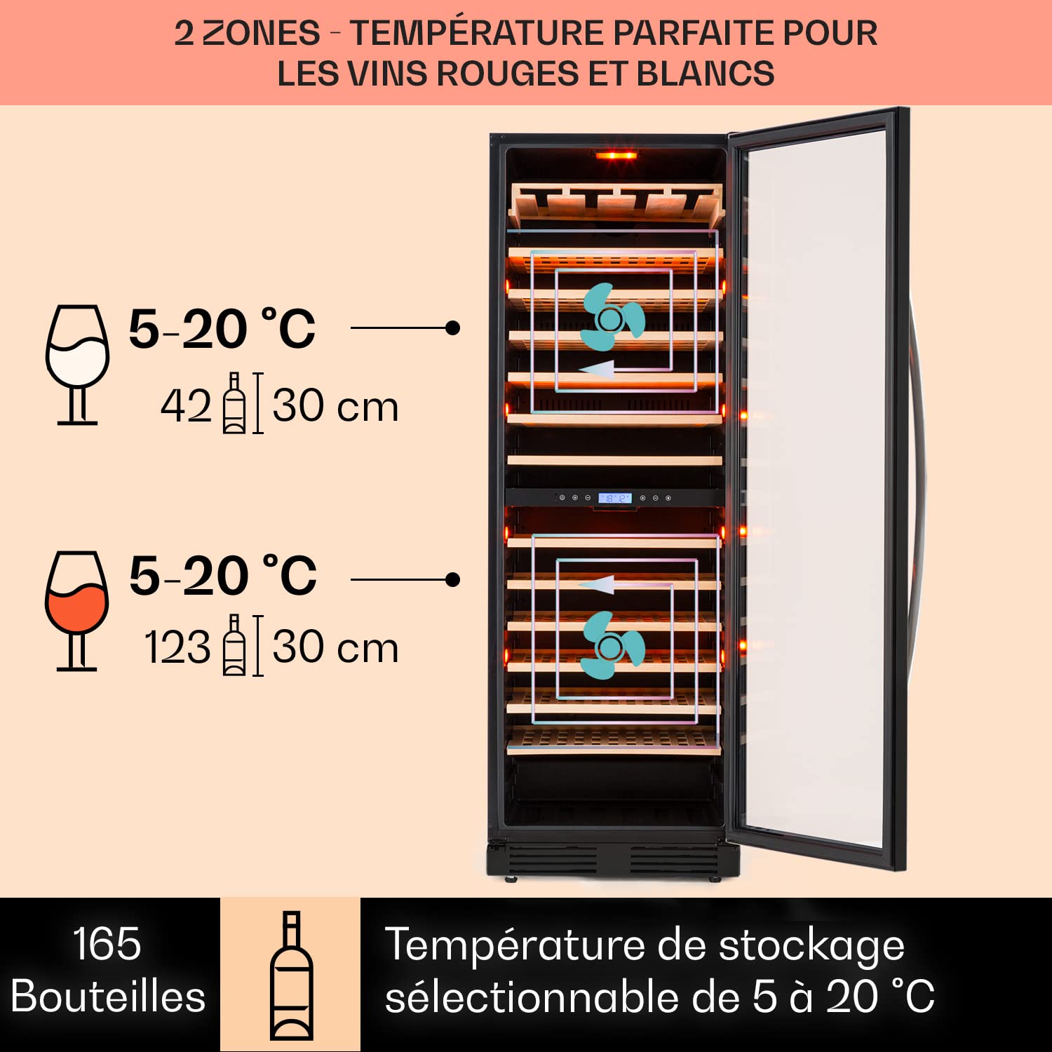 Klarstein Cave a Vin Encastrable, Caves à Vin de 425L avec une Porte en Verre, Cave a Vins à Double Zone, Bar Intérieur/Extérieur, Frigo a de Vieillissement, à 165 Bouteilles
