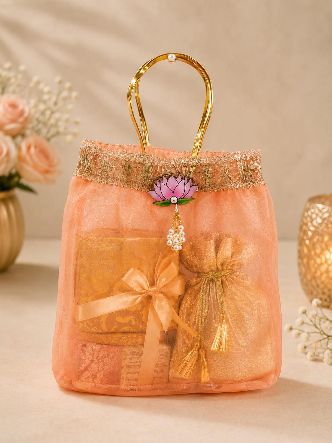 Suravi Handmade Organza Gift Bag Set of 10 with Elegant Handle, Decorative Return Gift Bags for Wedding, Party, Festival & Favor Packaging (Peach) image 3