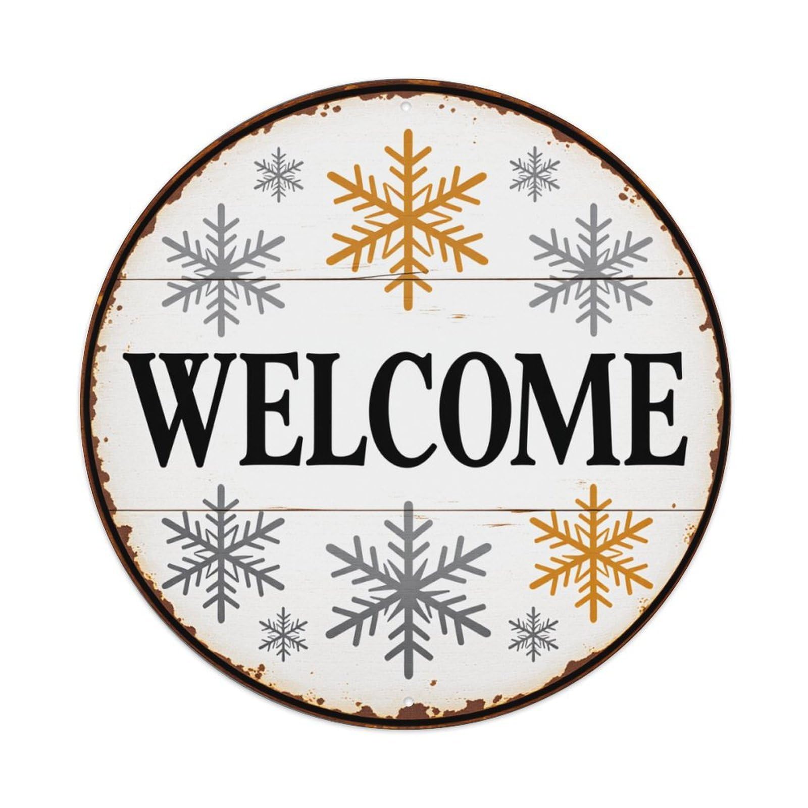Snowflake Pattern With Welcome Text And Rustic Art Round Vintage Tin Sign,Retro Wall Art,Metal Poster for Home, Bar, Garage, Cafe, Rustic Indoor & Outdoor Decor, 8x8 Inches