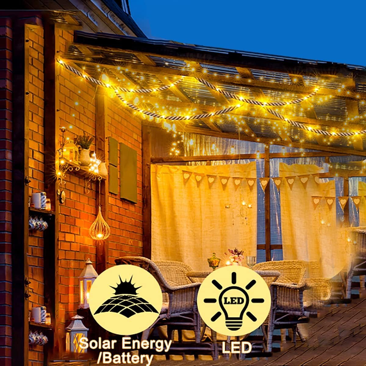 Solar Hanf Seil Licht Outdoor LED warm weißes Licht wasserdichte Retro Hanf Seil Garten Dekoration mit 8 Modi der Fernbedienung Balkon Hof Innen und Outdoor Märchen Lichter (10M 200LED)