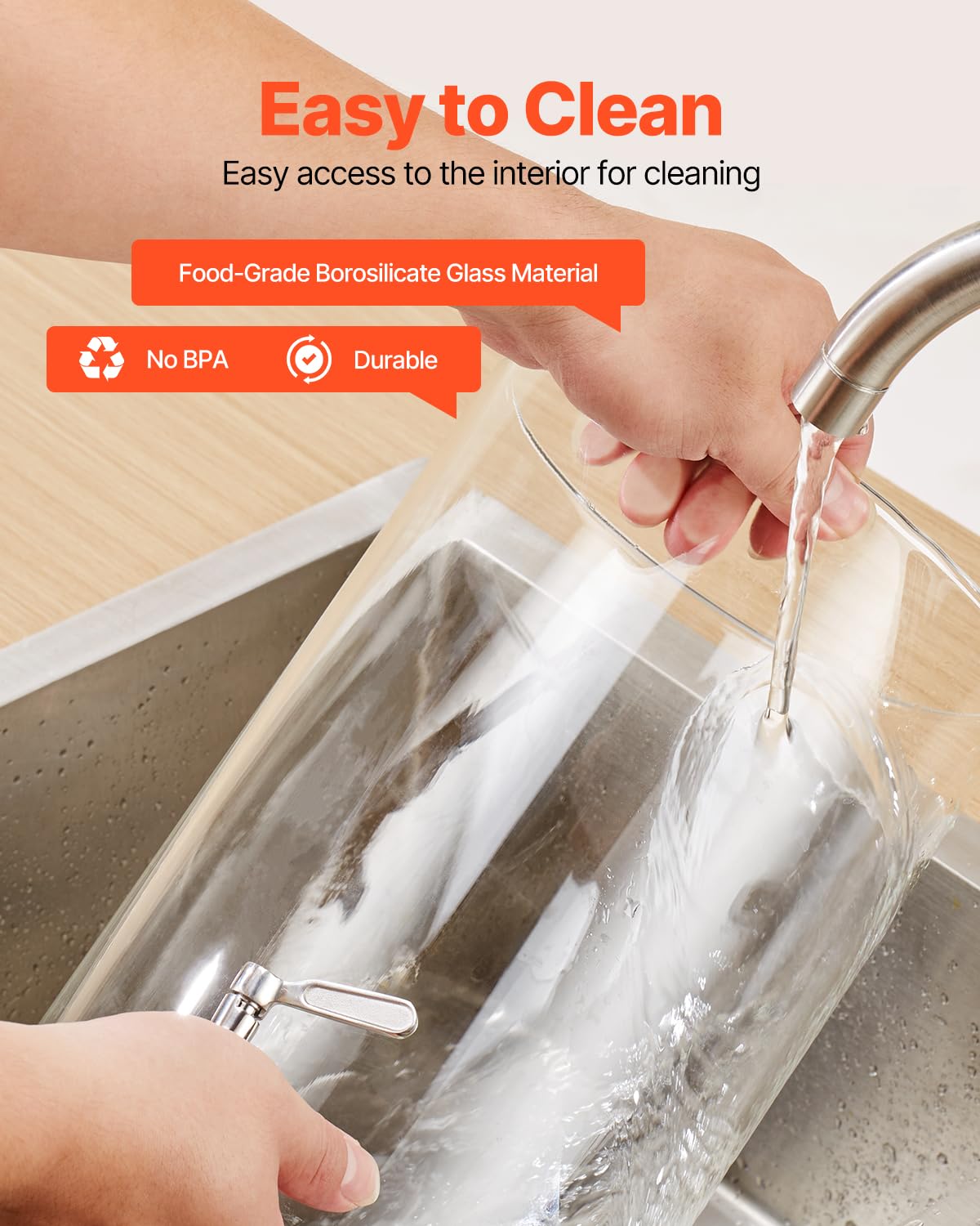 VEVOR Distributore di Bevande 8 L per Feste, Contenitore di Succhi in Vetro con Supporto in Legno con Rubinetto in Acciaio Inox, Distributore di Tè Freddo, Limonata per Ristoranti, Hotel e Feste