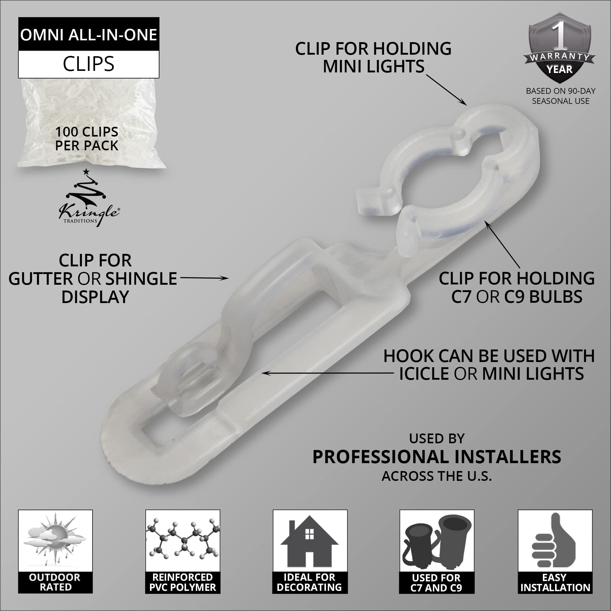 Kringle Traditions Omni All-in-One Clips - C7, Mini, Icicle Light Hangers for Gutters & Shingles (100 Pack)