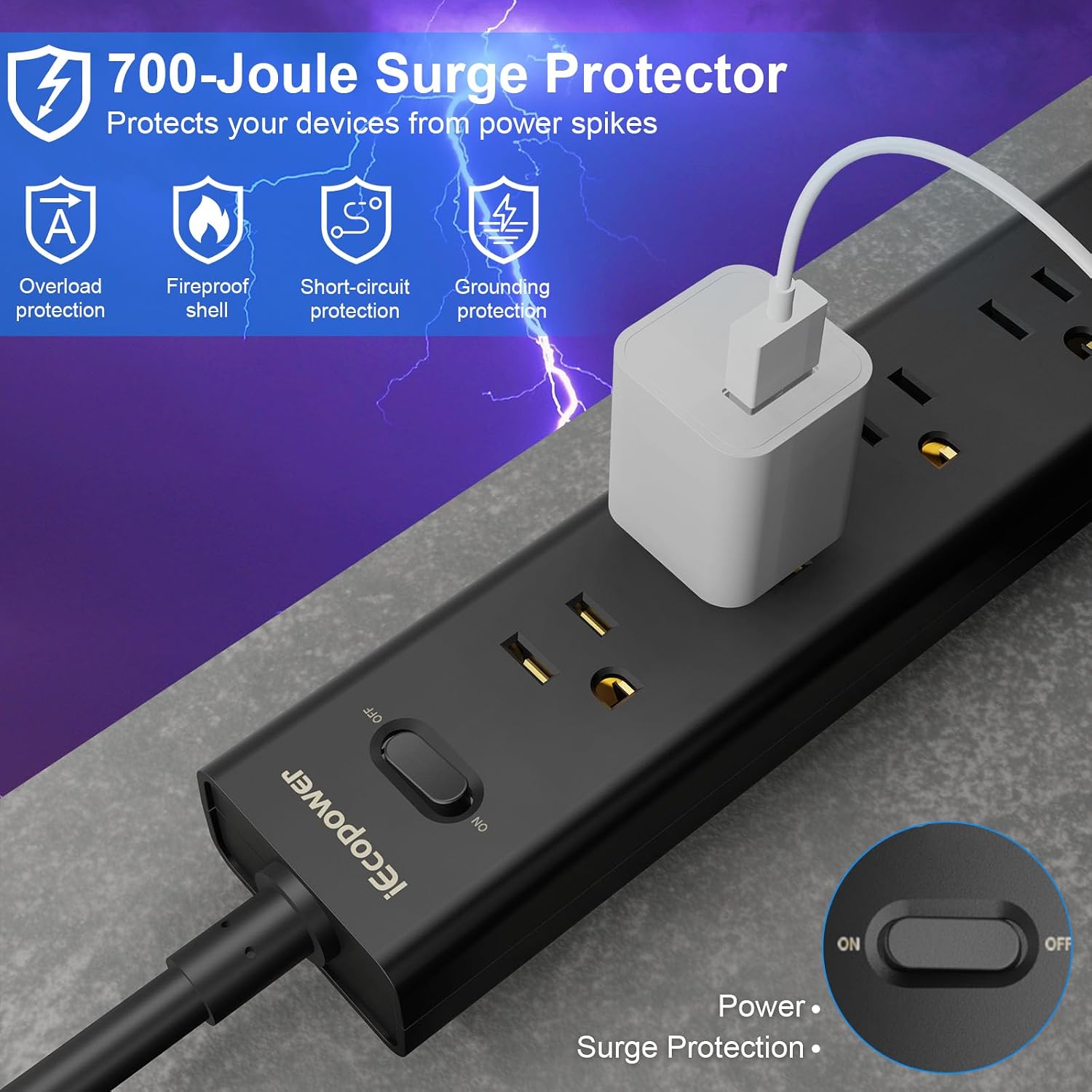 2 Pack 10ft Power Strip, Surge Protector with 5 Widely Outlets and 3 USB Ports（1 USB C Port）, 10ft Extension Cord(1250W/10A), Wall Mount, 700 J, ETL,Black