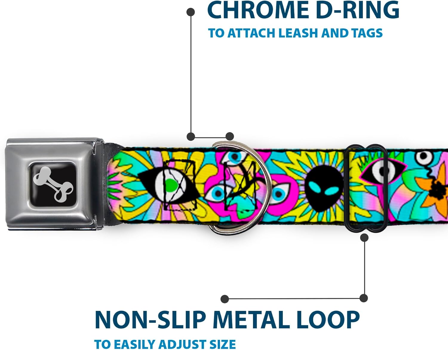 Buckle-Down Pet Collar, Dog Collar Metal Seatbelt Buckle, Funky Alien Flowers Aqua Blue Multi Color, 11 to 16.5 Inches 1.0 Inch Wide