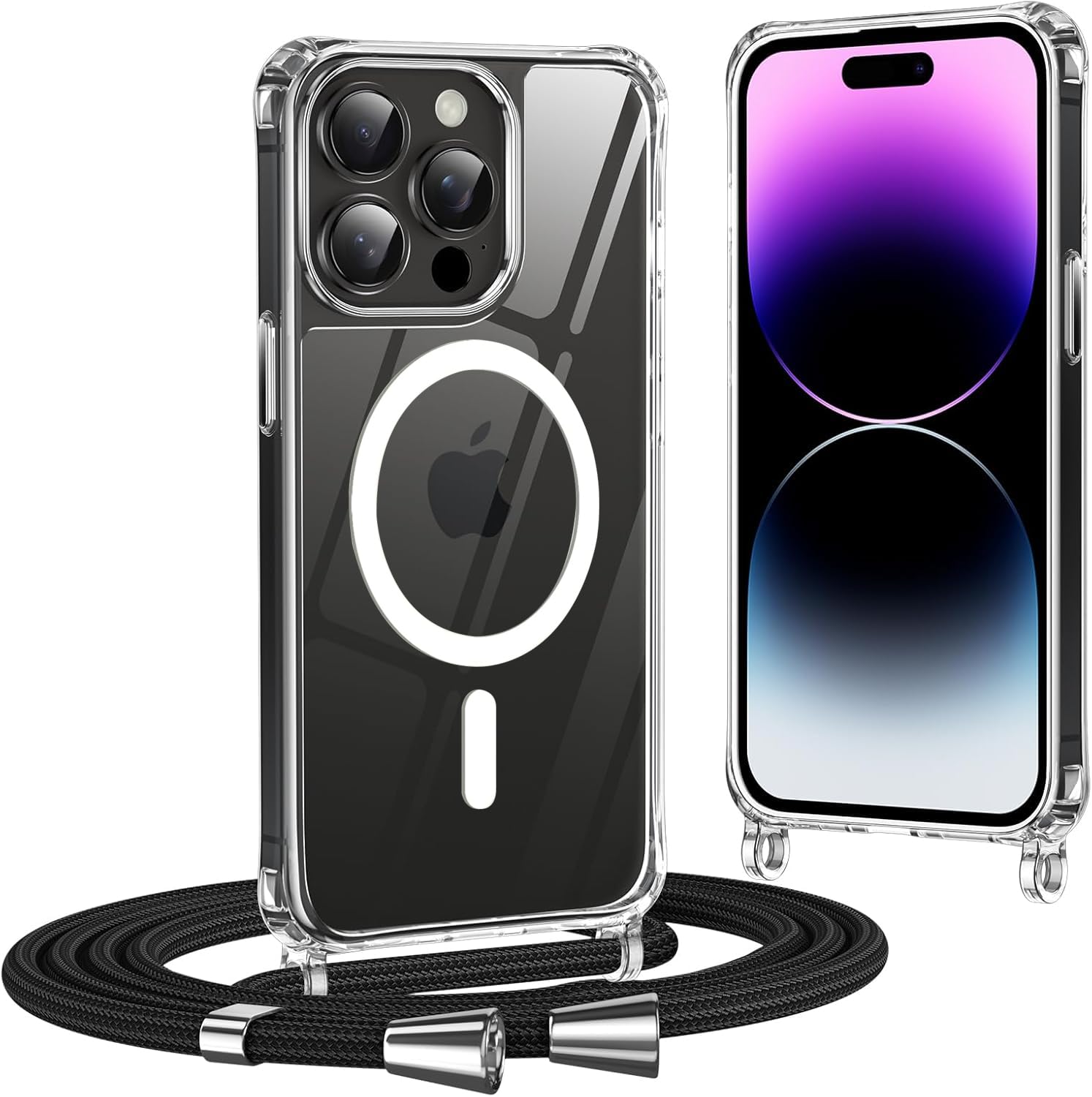 Coque IPhone 16 Pro Avec Cordon OUBELI - Housse Transparente Magsafe + Collier Réglable Noir