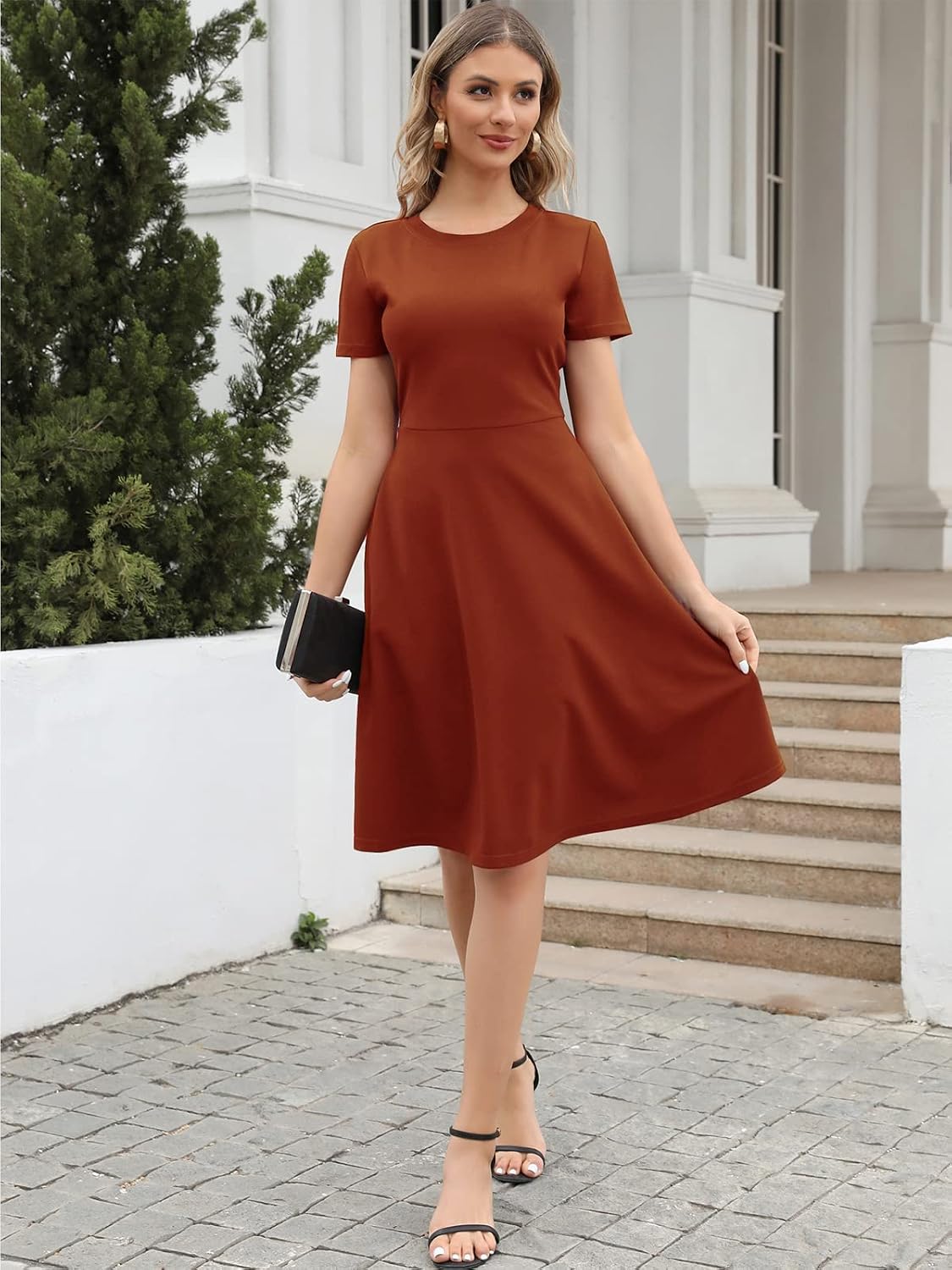 Women's Elegant Knee Length Dresses Vintage Summer Office Casual Floral Print Work Party A-Line Swing Dress with Pockets 162